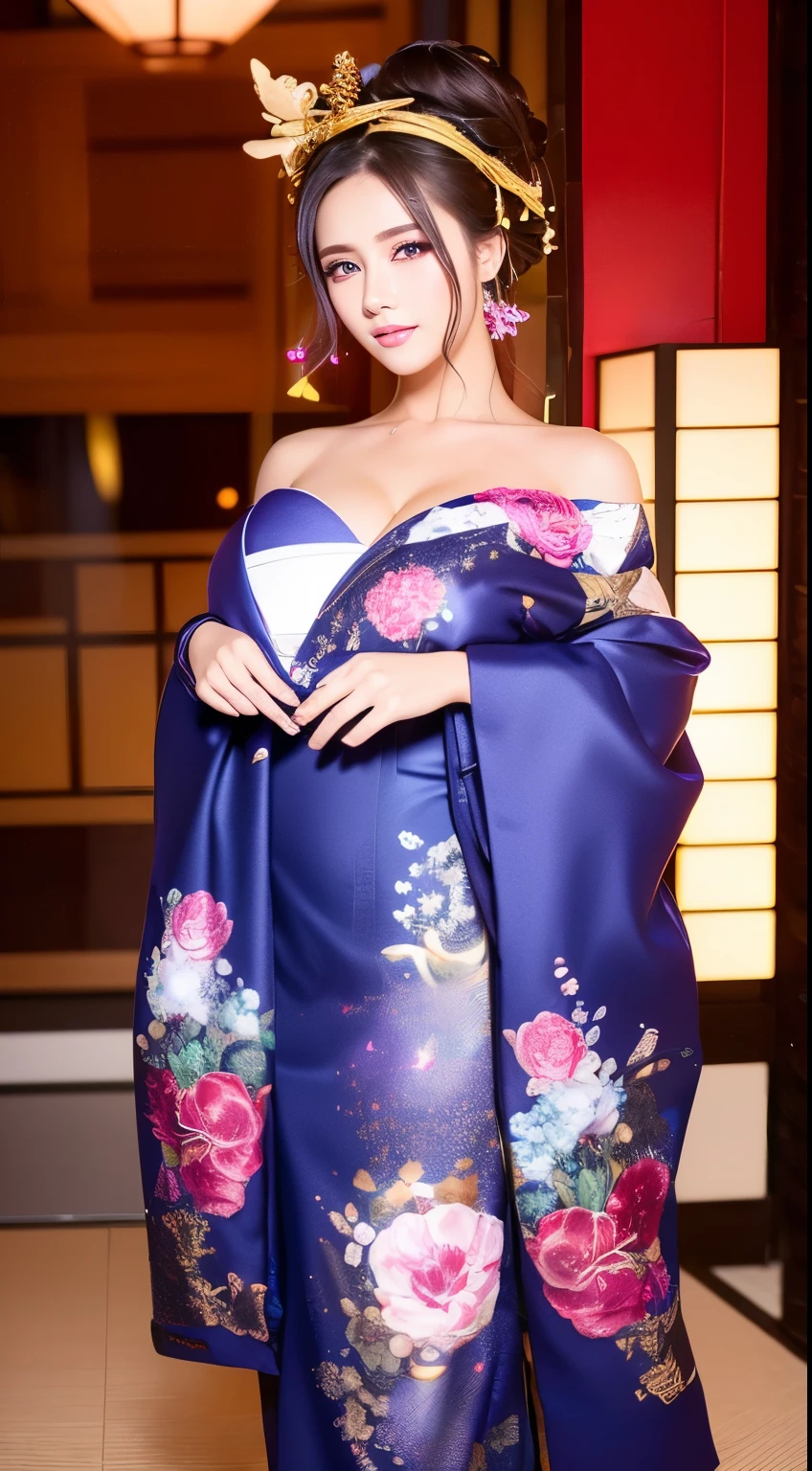 ((masterpiece(:1.4),Highest quality,Ultra-high resolution,Highest quality,8k,Extremely detailed,In detail))。night,Fireworks display,Japanese,A beautiful woman,slim,Large Breasts(1.6),sexy,glamorous,Flashy gal makeup,Oiran,Long-sleeved kimono,Uchikake,Gold brocade,Sunny clothes,Hair tying,hairpin,hair ornaments,geta,Oiran道中,Gorgeous and luxurious,(Fireworks displayのnightに河川敷で花火を背景にしたスナップ写真),Accentuate your breasts,Show your shoulderove the dress up to the shoulders,