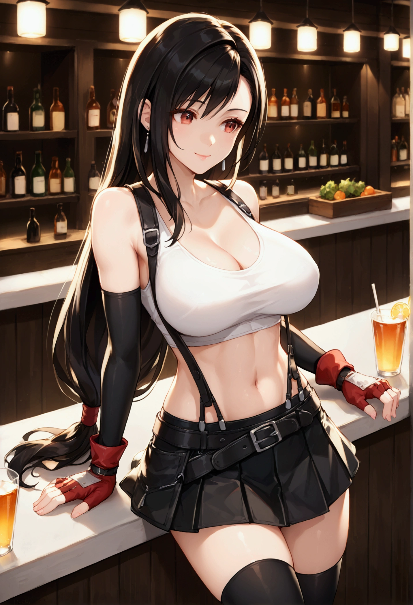 (score_9, score_8_up, score_7_up), BREAK (masterpeace),(best quality),(aesthetic,very aesthetic),1girl, tifa lockhart, final fantasy,(beautiful). black hair, low-tied long hair, red eyes, bangs, white tank top,gap, belt, pleated skirt, thighhighs, elbow fingerless gloves, elbow pads, midriff, navel,suspender skirt.zettai ryouiki ,,(large_breasts:1.3),Solo,upperbody,looking_away, vibrant, joyful,cafe and bar,(Emphasize the cleavage)、 (hands on counter) ,Showcasing cleavage:1.3 ,breast press:1.2 ,counter,(straight-on),breast focus,