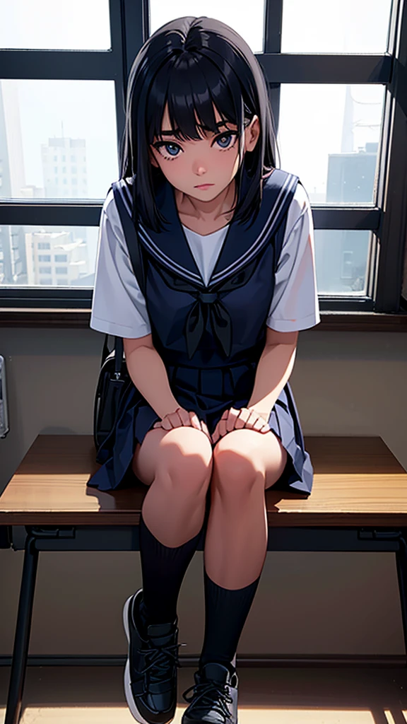 Beautiful attention to detail, Beautiful lip detail, Very detailed目と顔, Long eyelashes, 1 girl, Face close-up, inside the School, In the classroom, 18-year-old, Sweat, Dark skin, (Black hair on eyebrows with bangs),dissatisfaction, Sulky, Sailor suit, Dark Blue, White shirt, Short sleeve, School, Dark Blue Skirt, Black Skirt, Knee-high socks, sneakers, School bag, Highest quality, 4K, 8k, High resolution, masterpiece:1.2, Very detailed, Realistic, photoRealistic, photo-Realistic:1.37, High resolution, 超High resolution, Studio Lighting, Ultra-fine painting, Sharp focus, Physically Based Rendering, Very detailed説明, Professional, Vibrant colors, Bokeh, Portraiture