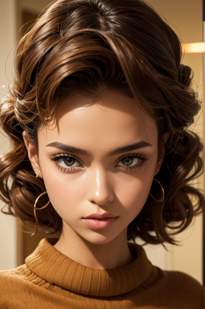 Afro-Latina woman aged 18, mixed-race woman, 1girl, solo, athletic build, tan skin, modest bust size, brown hair, brown eyes, African nose, big lips, long curly hair, tight curls, constricted pupils, wearing a brown sweater, Hyperrealism, cinematic lighting, bust chart, perspective, Ultra-Wide Angle, Nikon, masterpiece, high quality, super detail, textured skin, highres, best quality, whole body photo