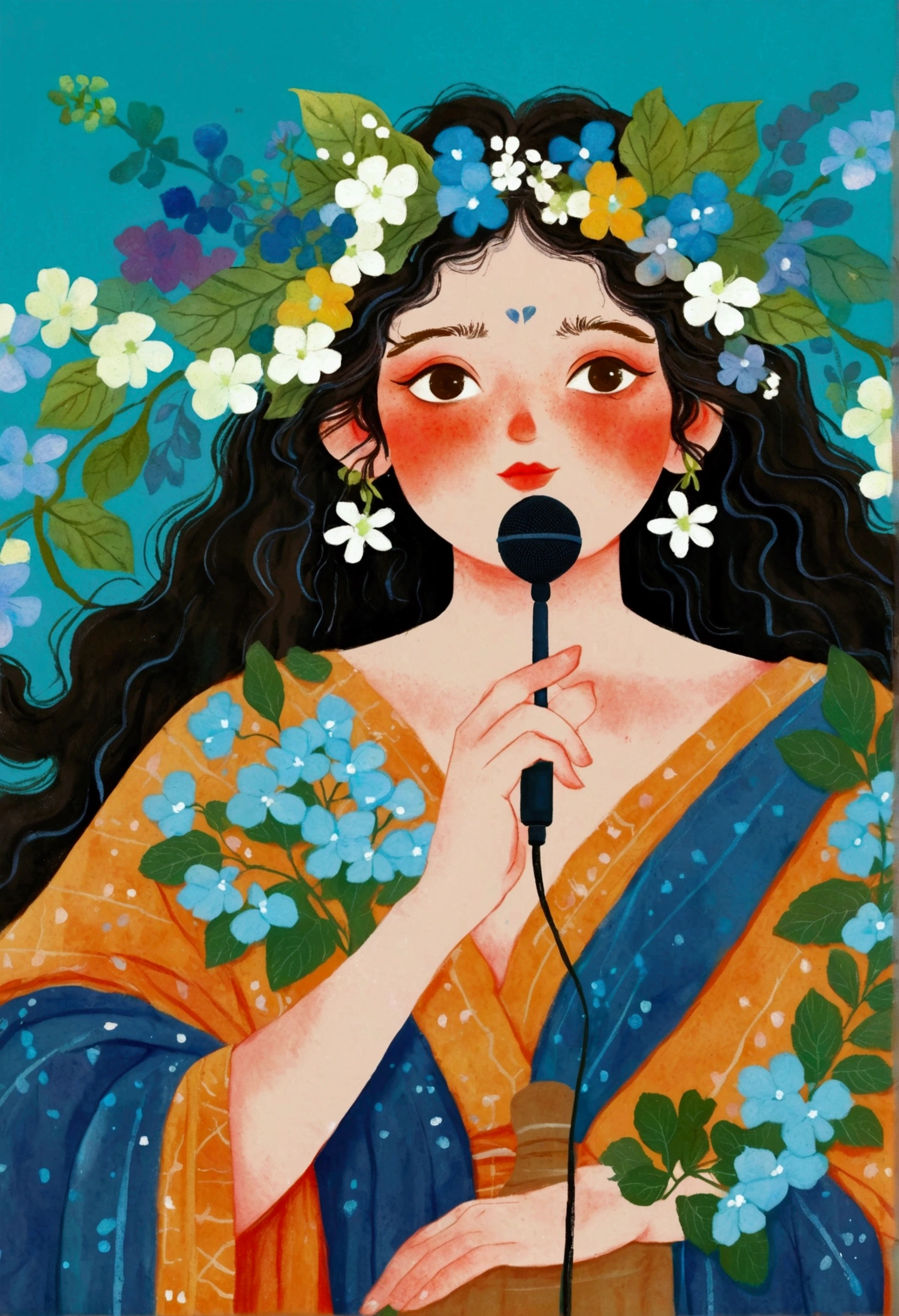There is a painting,The painting shows a fat man holding a microphone,Blue skin,wreath, The non-dual god of spring, God of Hydrangea, Flower Wizard, Midsummer Color Theme, Flowers grew in his body, Midsummer style, Flower Goddess, Digital drawing, the greek god of wine, author:Carey Morris, By Emma Rios, She wore a crown of flowers