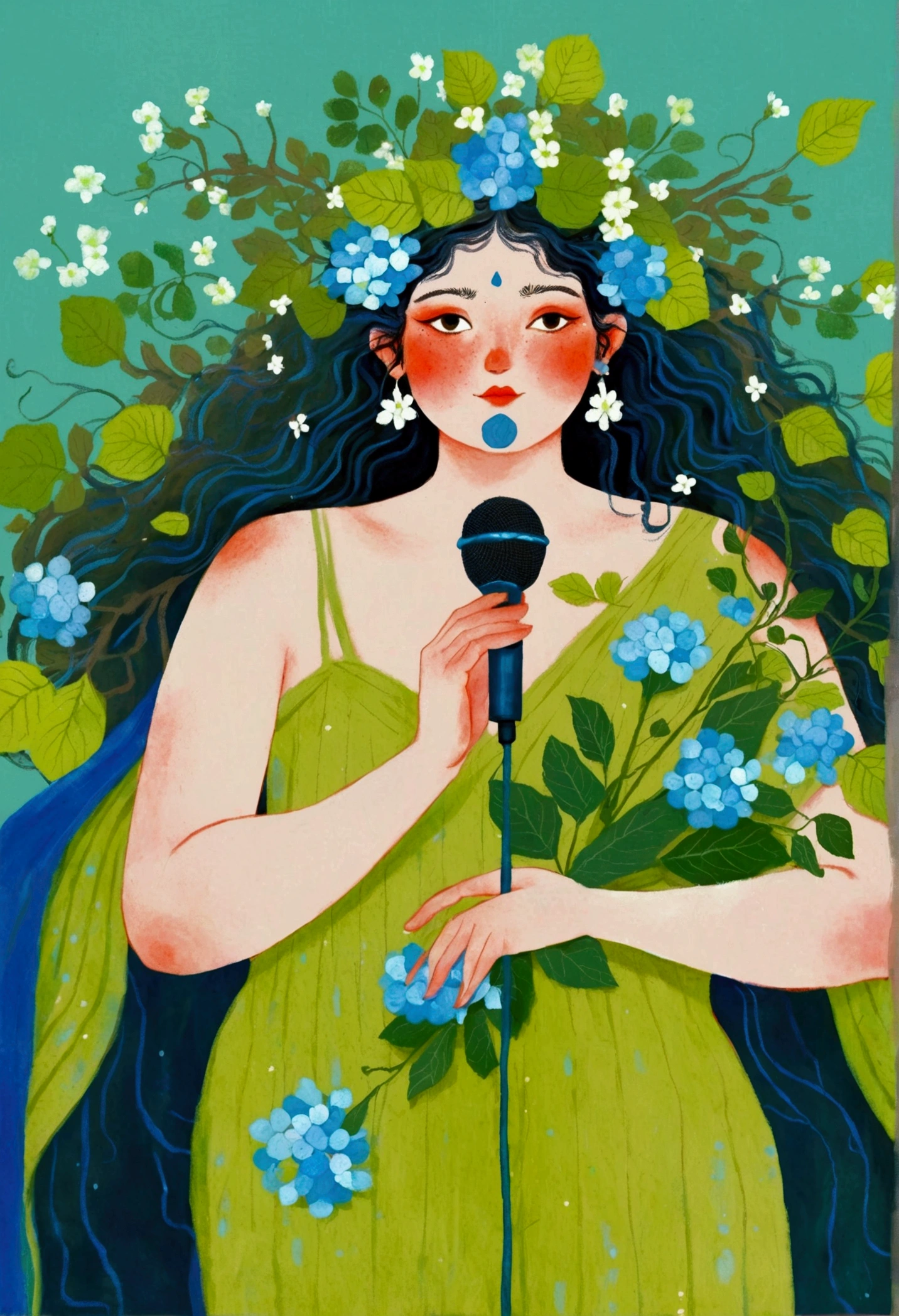 There is a painting,The painting shows a fat man holding a microphone,Blue skin,wreath, The non-dual god of spring, God of Hydrangea, Flower Wizard, Midsummer Color Theme, Flowers grew in his body, Midsummer style, Flower Goddess, Digital drawing, the greek god of wine, author:Carey Morris, By Emma Rios, She wore a crown of flowers