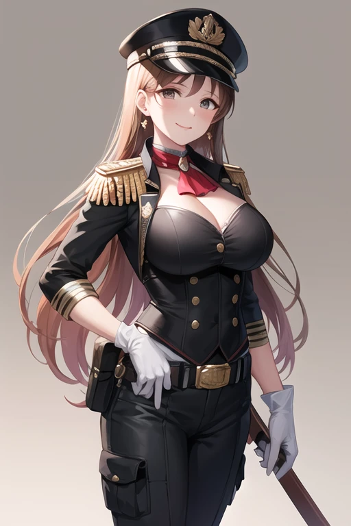 masterpiece, best quality, highres, aanitta, (very long hair), (black peaked cap), earrings, big breasts, cleavage, muscular body, military uniform, epaulettes, badges, (black shirt:1.2), (gold trim), (bulletproof vest), (red ascot), black sleeves, long sleeves, (black cargo pants), utility belt, (belt pouches), cargo pants, (white gloves), cowboy shot, standing, smile, closed mouth, facing the viewer, looking at the viewer, (simple white background)