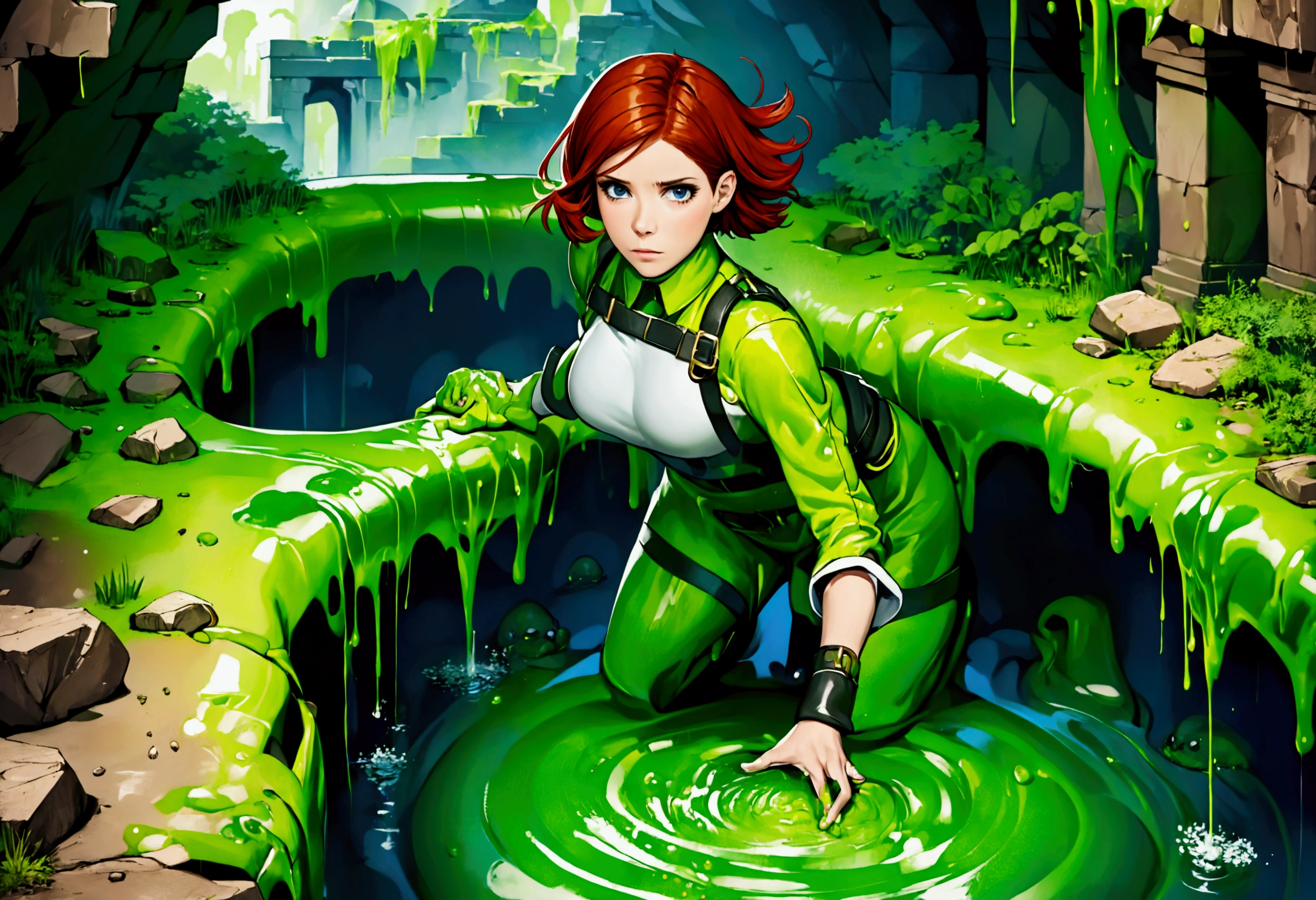 A 25-year-old woman named Kate Mara, wearing a sexy adventurer outfit, has fallen into an ancient ruins slime pit trap, causing a big splash and covering her in slime. Something vicious lurks within the slime.