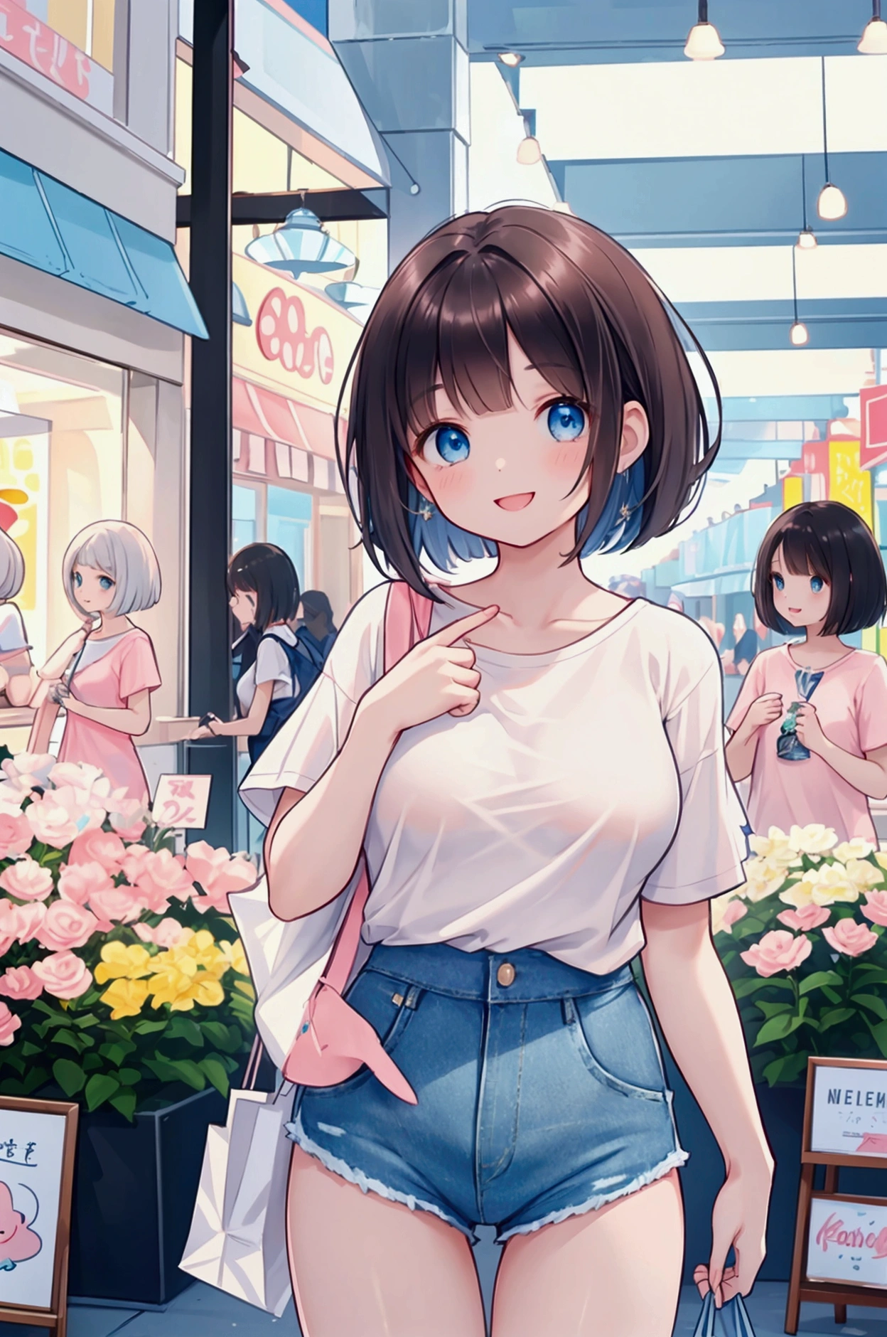 Photorealistic、Highest quality、Highest Resolution、Highest quality、８Ｋ、One beautiful woman、Cute face、Bob cut hair、Dark Hair Color、Pale blue eyes、Beautiful breasts、A cute light pink T-shirt、Light blue denim shorts、Shopping mall、looks fun、smile、