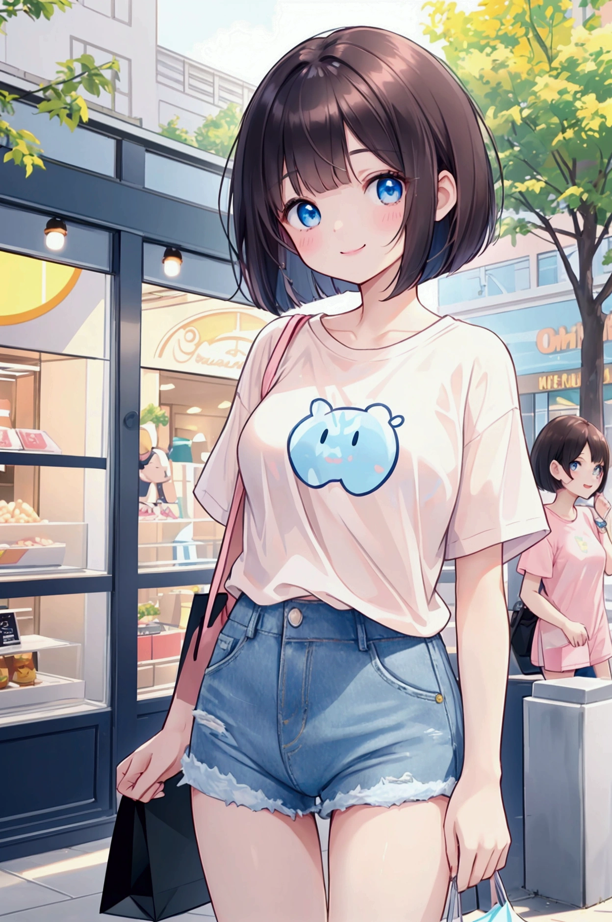 Photorealistic、Highest quality、Highest Resolution、Highest quality、8K、One beautiful woman、Cute face、Bob cut hair、Dark Hair Color、Pale blue eyes、Beautiful breasts、A cute light pink T-shirt、Light blue denim shorts、Shopping mall、looks fun、smile、