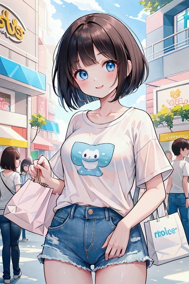 Photorealistic、Highest quality、Highest Resolution、Highest quality、８Ｋ、One beautiful woman、Cute face、Bob cut hair、Dark Hair Color、Pale blue eyes、Beautiful breasts、A cute light pink T-shirt、Light blue denim shorts、Shopping mall、looks fun、smile、