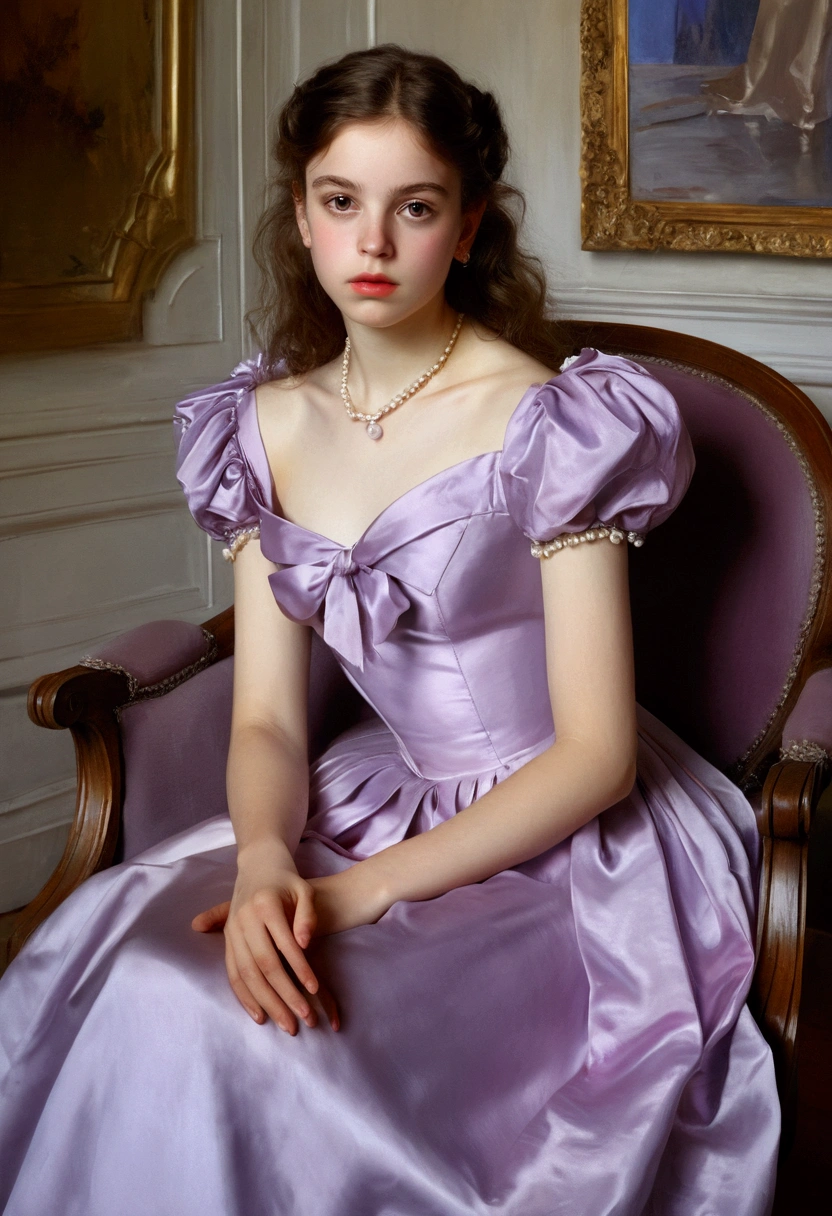 (masterpiece, highest quality:1.4) , (john singer sargent style), (oil painting), hd, highres, high detail, very pretty!!!! beautiful!!!!! young!!!!!!!! face, beautiful girl, young beautiful!!!! pretty!!!! european girl sitting confidently, elegantly on a armchair, pale purple dress, , , looking at camera, (crossed legs!!!!!!!!)