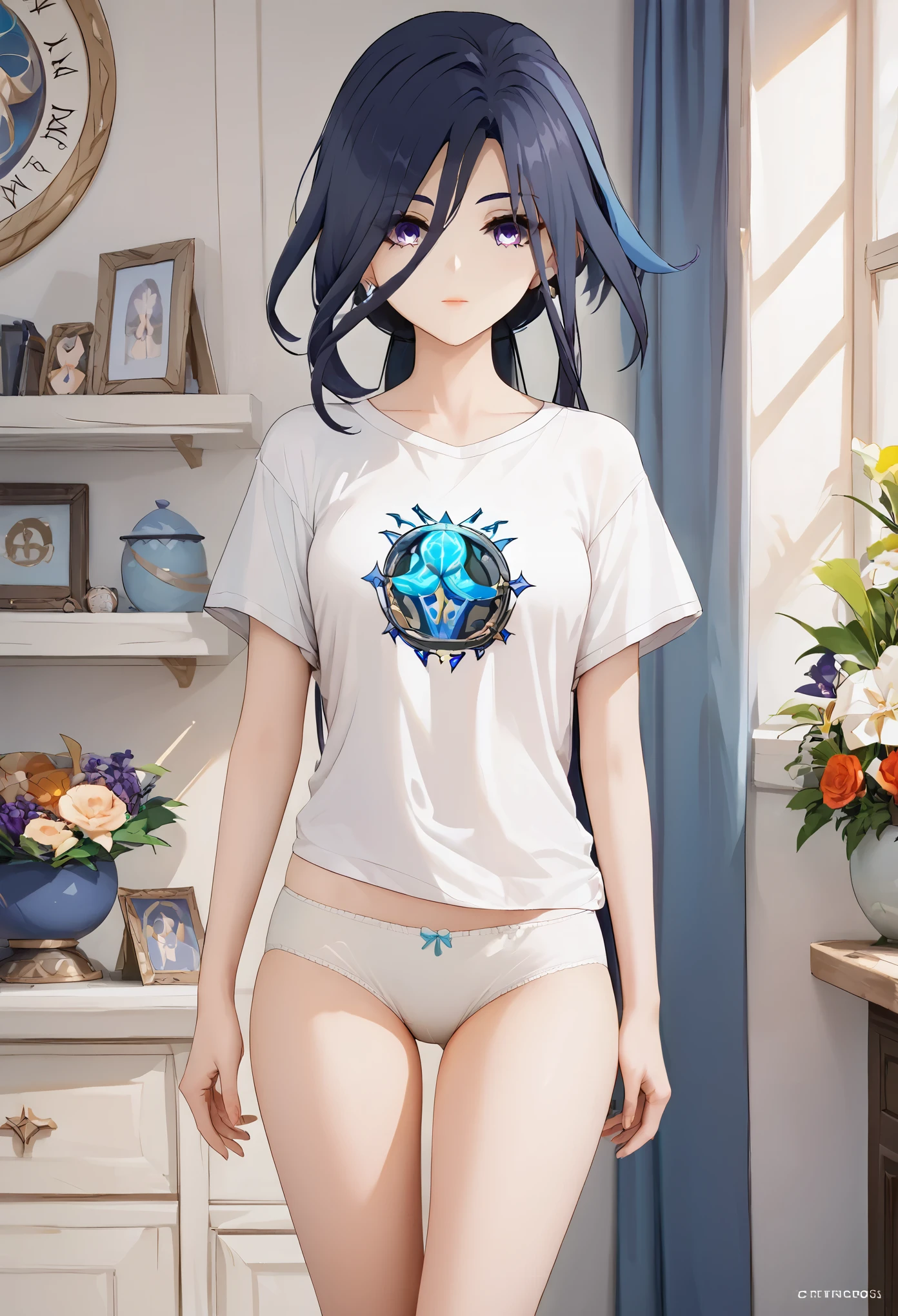score_9, score_8_up, score_7_up,source_anime, high res image,masterpiece,best quality,girl,cute face,clear skin,clorinde_genshin,panties,t-shirt,