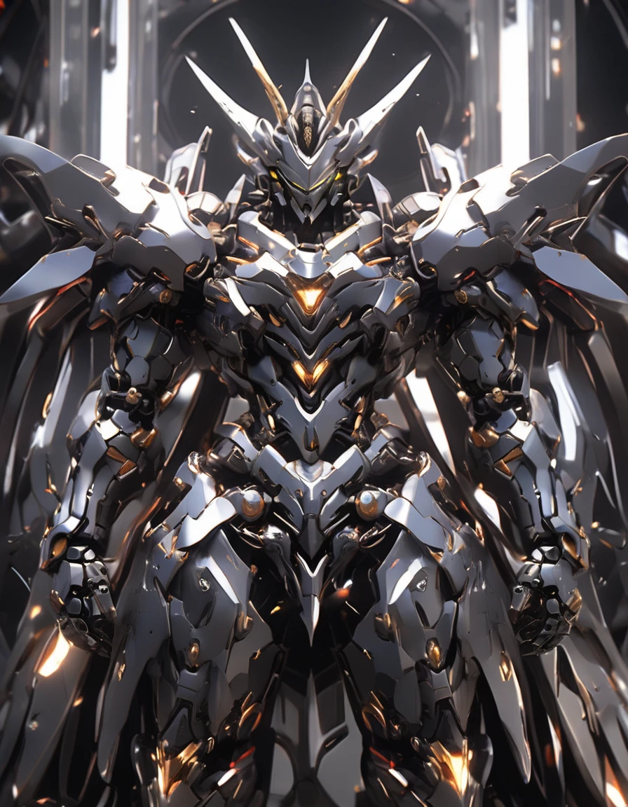 Abstract background of molten liquid with metallic shine, Black and Gray, studio reflector light, grey + Black sci-fi mecha suit, intricate details, art station, Japanese Gundam, Full body image, virtual engine, Every time, 超解析Every time, Million pixels, movie dark force,Post-production處理, Post-production, Tone mapping, computer graphics, 視覺Special Effects, Special Effects, Extremely detailed and complex, ultra minimalist, Volumetric, ,