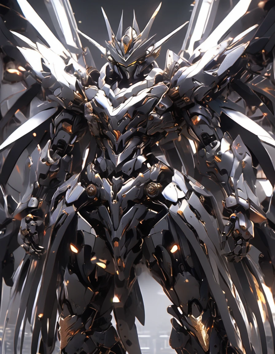 Abstract background of molten liquid with metallic shine, Black and Gray, studio reflector light, grey + Black sci-fi mecha suit, intricate details, art station, Japanese Gundam, Full body image, virtual engine, Every time, 超解析Every time, Million pixels, movie dark force,Post-production處理, Post-production, Tone mapping, computer graphics, 視覺Special Effects, Special Effects, Extremely detailed and complex, ultra minimalist, Volumetric, ,