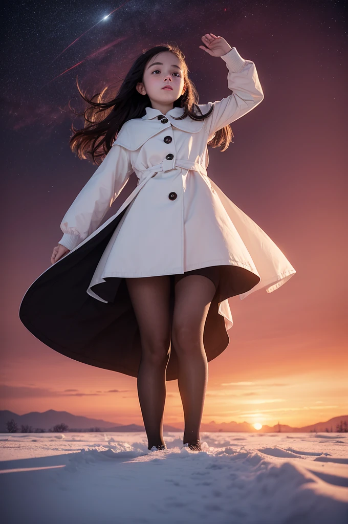 a snow-white girl with a blurry shape floating in the middle of a dark red sky, no bye, big black hands immerse themselves trying to reach the girl