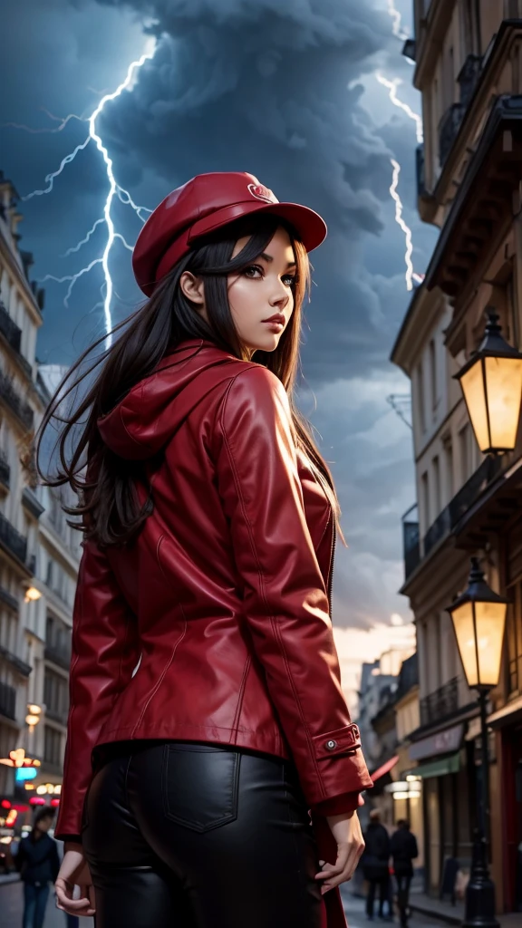 (realistic:0.2), anime illustration, 1girl,, red coat, big red hat, in paris france, sfw, black pants, black office shirt,, carmen sandiego,, blue sky,, long hair,, dramatic lightning, lights, epic lights, light on face, backlit, face light, lit face, fill lamp, fill light, ((masterpiece)),   (carmen_sandiego_v1-1_shurik-2000:0.6)