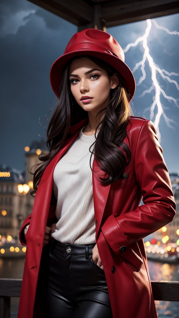 (realistic:0.2), anime illustration, 1girl,, red coat, big red hat, in paris france, sfw, black pants, black office shirt,, carmen sandiego,, blue sky,, long hair,, dramatic lightning, lights, epic lights, light on face, backlit, face light, lit face, fill lamp, fill light, ((masterpiece)),   (carmen_sandiego_v1-1_shurik-2000:0.6)