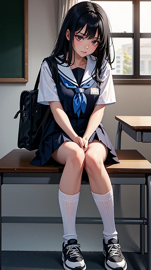 
Beautiful attention to detail, Beautiful lip detail, Very detailed目と顔, Long eyelashes, 1 girl, Face close-up, inside the School, In the classroom, 18-year-old, Sweat, Dark skin, (Layered long black hair),dissatisfaction, Sulky, Sailor suit, Dark Blue, White shirt, Short sleeve, School, Dark Blue Skirt, Black Skirt, Knee-high socks, sneakers, School bag, Highest quality, 4K, 8k, High resolution, masterpiece:1.2, Very detailed, Realistic, photoRealistic, photo-Realistic:1.37, High resolution, 超High resolution, Studio Lighting, Ultra-fine painting, Sharp focus, Physically Based Rendering, Very detailed説明, Professional, Vibrant colors, Bokeh, Portraiture