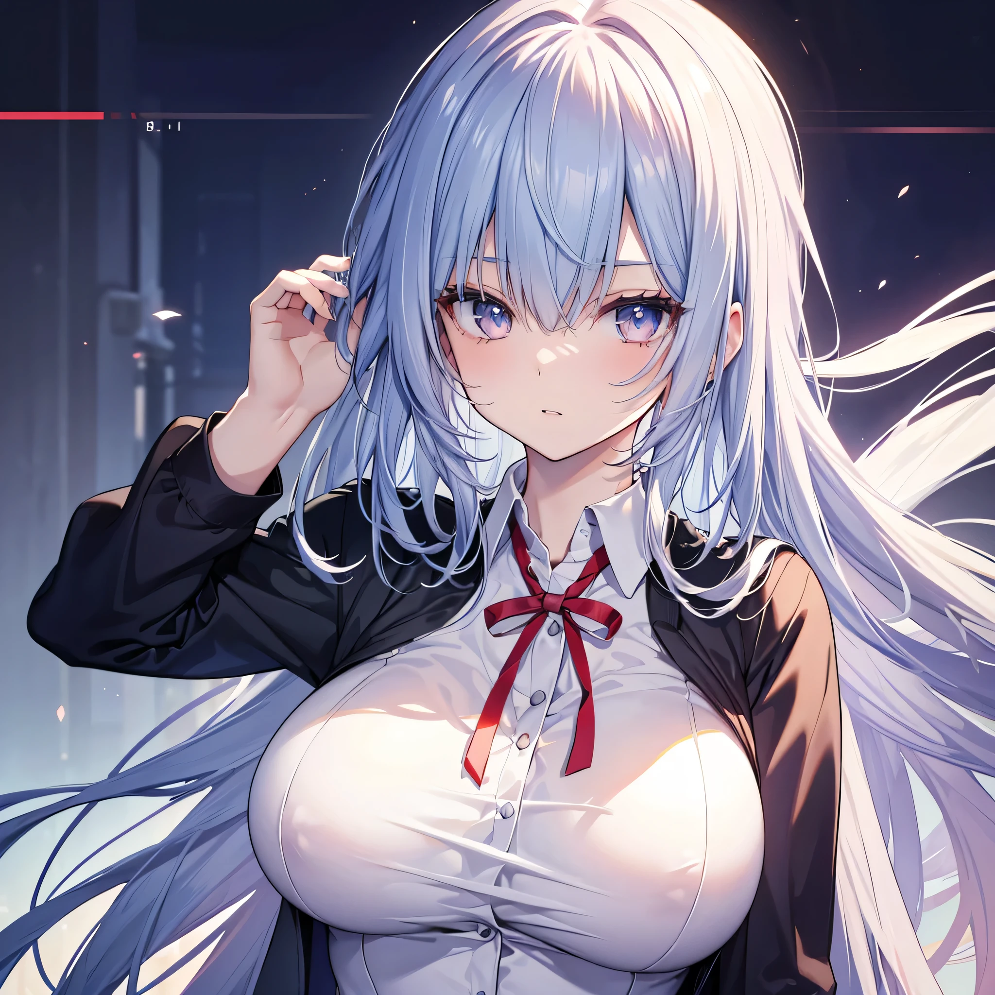 4K,High resolution, (Highly detailed CG,8k,wallpaper)、One age Woman,(((Slender,Upper Body,tall,Big Breasts,torso is long,school uniform))、Clean detailed eyes),(Huge breasts),(Huge breasts),(Huge breasts),(Huge breasts),(((Huge breasts))),(Super Breasts),(Very large breasts),(Beautiful and shapely breasts),Light-colored hair、Cute hairstyle