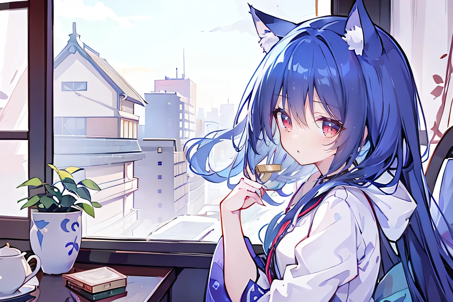 (Masterpiece:1.2)，Ultra-detailed，lifelike，The eyes are expressive，Fair skin，Perfect face shape，1 girl，Japanese Manga，Gorgeous blue hair，Flowing blue hair，Flowing clothes，Cat ears，Petals falling，Smile，Tokyo background，background，heavy snow，winter.Highest quality，perfect face，sitting on window sill drinking coffee and looking out the window.