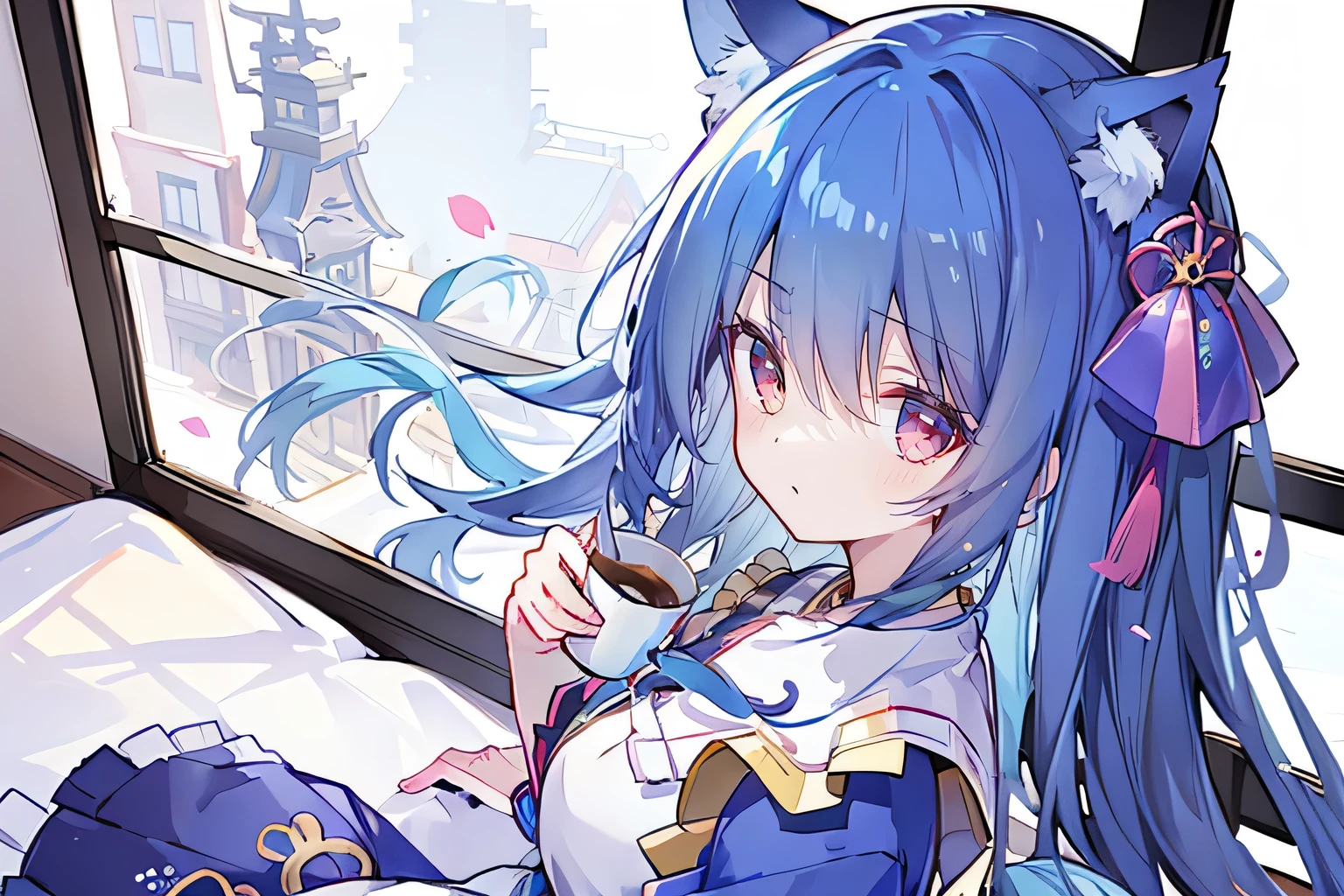 (Masterpiece:1.2),Ultra-detailed,lifelike,The eyes are expressive,Fair skin,Perfect face shape,1 girl,Japanese Manga,Gorgeous blue hair,Flowing blue hair,Flowing clothes,Cat ears,Petals falling,Smile,Tokyo background,background,heavy snow,winter.Highest quality,perfect face,sitting on window sill drinking coffee and looking out the window.