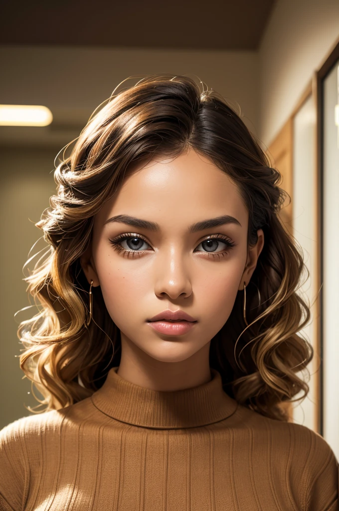 Afro-Latina woman aged 18, mixed-race woman, 1girl, solo, athletic build, dark-skinned, modest bust size, blond hair, brown eyes, African nose, big lips, long curly hair, tight curls, constricted pupils, wearing a brown sweater, Hyperrealism, cinematic lighting, bust chart, perspective, Ultra-Wide Angle, Nikon, masterpiece, high quality, super detail, textured skin, highres, best quality, whole body photo
