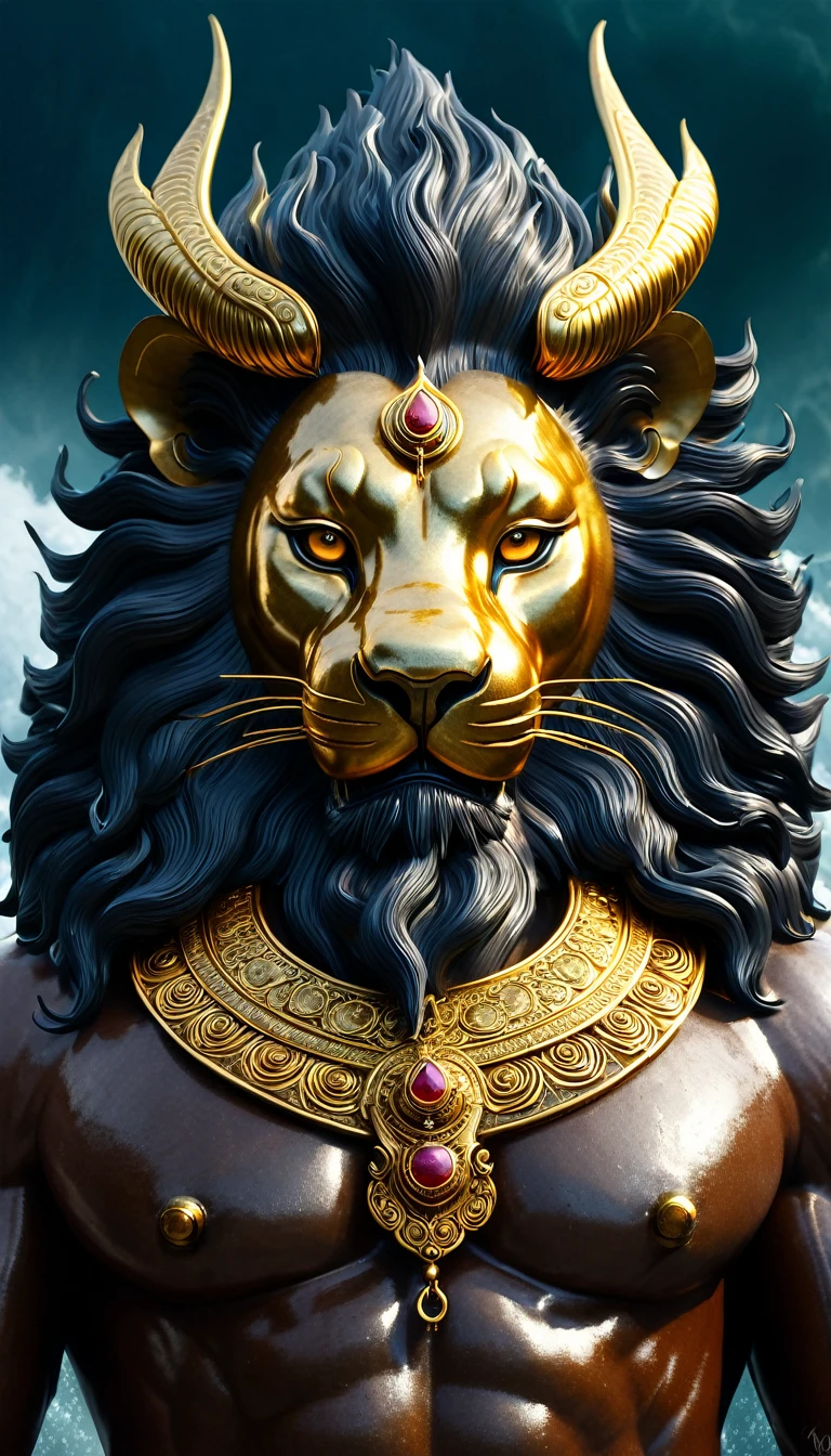 An extremely detailed close-up portrait of a half-human, half-lion deity inspired by ancient Asian legends. The figure is depicted from the waist up, with a face that combines modern beauty with the most prominent features of Thai, Korean, Hong Kong and Chinese movie stars. The face is both fierce and seductive, with sharp, penetrating eyes that seem to see through the soul, exuding power and charm. The eyes are somewhat cold, but exude a strong inner strength. The deity has a long, flowing black mane intertwined with sparkling lion fur, adding to the majestic and fierce look. The majestic lion ears and small snout protrude from the face, seamlessly blending human and lion features. The skin has a texture like delicate lion fur, with a golden glow under the bright light. The upper body is muscular and powerful, full of supernatural power. Around his neck, the deity wears an elaborate gold necklace decorated with glowing gemstones, each one pulsating with an inner light, alluding to the deity's immense power.
In one hand, the deity holds an ancient, unusual weapon - perhaps a large, mythical spear or a staff - that radiates mystical, mythical energy. The deity stands tall and majestic, a colossal figure of divine presence and supreme power. The pose is confident and dominating, towering over the dark, chaotic world behind him. The backdrop is a stormy seascape with huge waves crashing violently, the sky is dark and ominous, filled with swirling storm clouds and lightning.
The entire scene conveys a sense of the deity's epic scale and divine power. Rendered in a surreal digital art style with dramatic lighting, the image adds to the intense atmosphere and highlights the deity's divine appearance. The contrast between the calm, powerful demeanor of the deity and the chaos of the surrounding elements emphasizes their control over the forces of nature, asserting their dominance and supreme power.