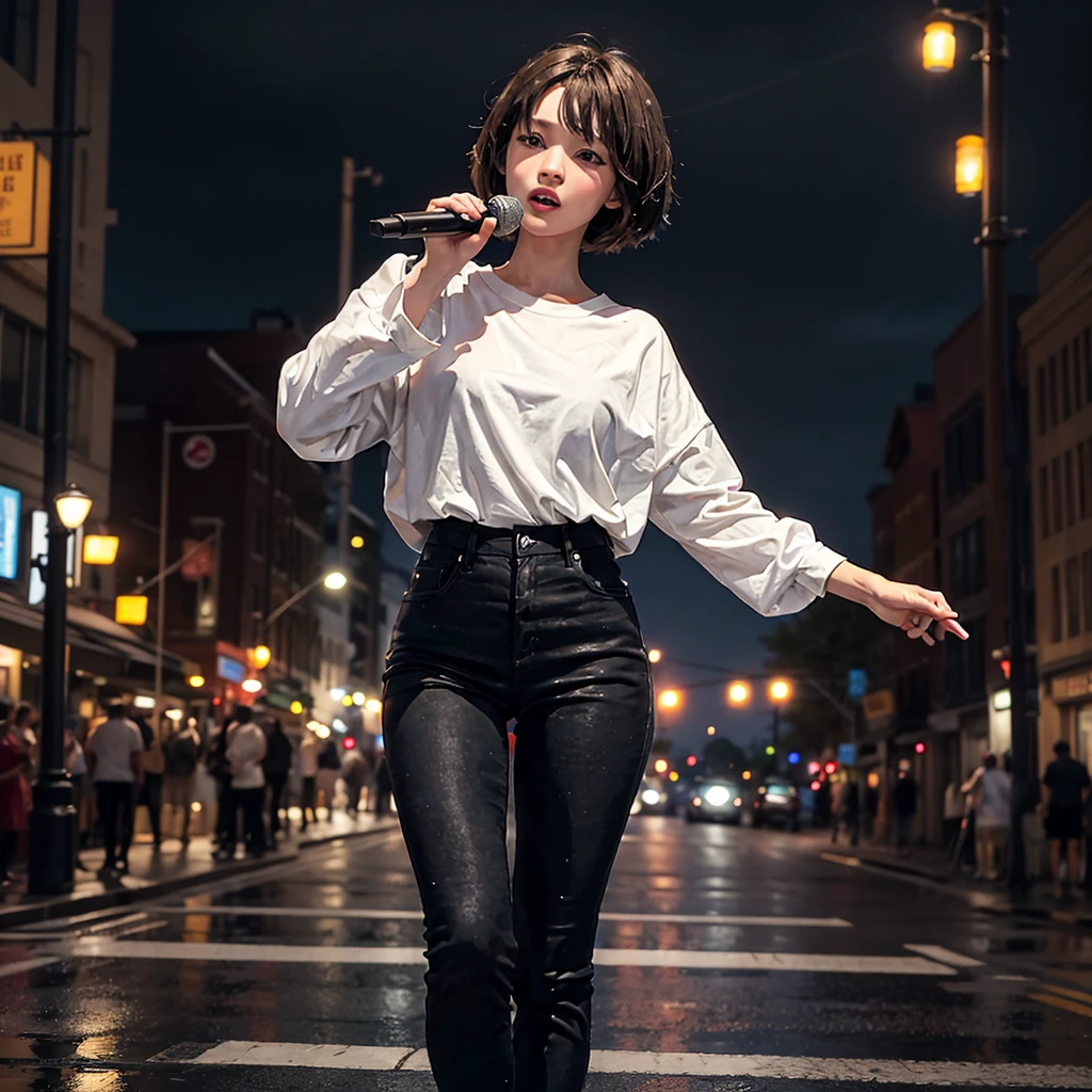 "Short-haired woman with brown bob hair, wearing a white shirt and wide-leg black jeans, singing with a microphone held high in the middle of a city street lined with buildings on a rainy night."