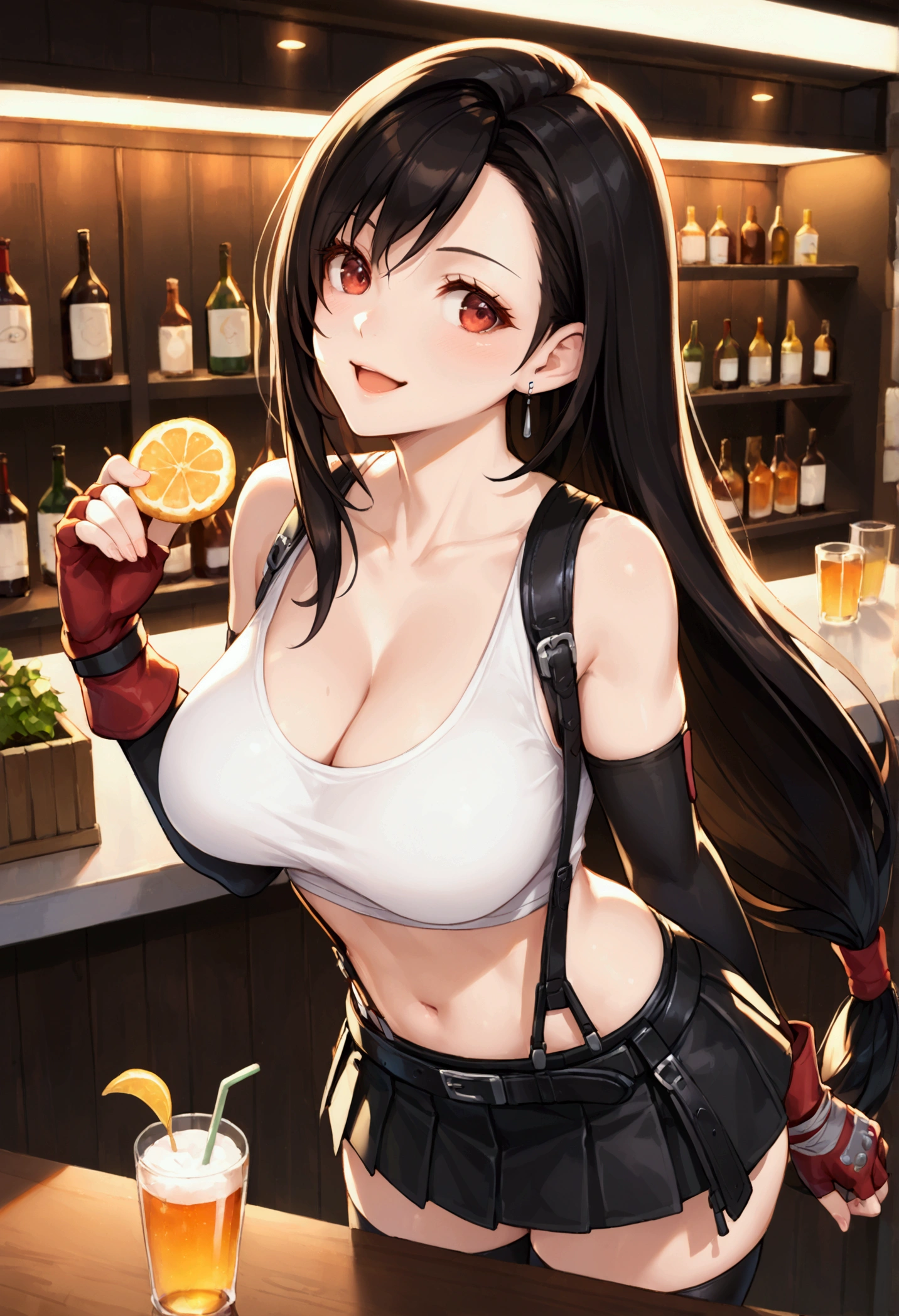 (score_9, score_8_up, score_7_up), BREAK (masterpeace),(best quality),(aesthetic,very aesthetic),1girl, tifa lockhart, final fantasy,(beautiful). black hair, low-tied long hair, red eyes, bangs, white tank top,gap, belt, pleated skirt, thighhighs, elbow fingerless gloves, elbow pads, midriff, navel,suspender skirt.zettai ryouiki ,,(large_breasts:1.3),Solo,upperbody,looking_away, vibrant, joyful,cafe and bar,(Emphasize the cleavage)、 (hands on counter) ,Showcasing cleavage:1.3 ,breast press:1.2 ,counter,(straight-on),breast focus,