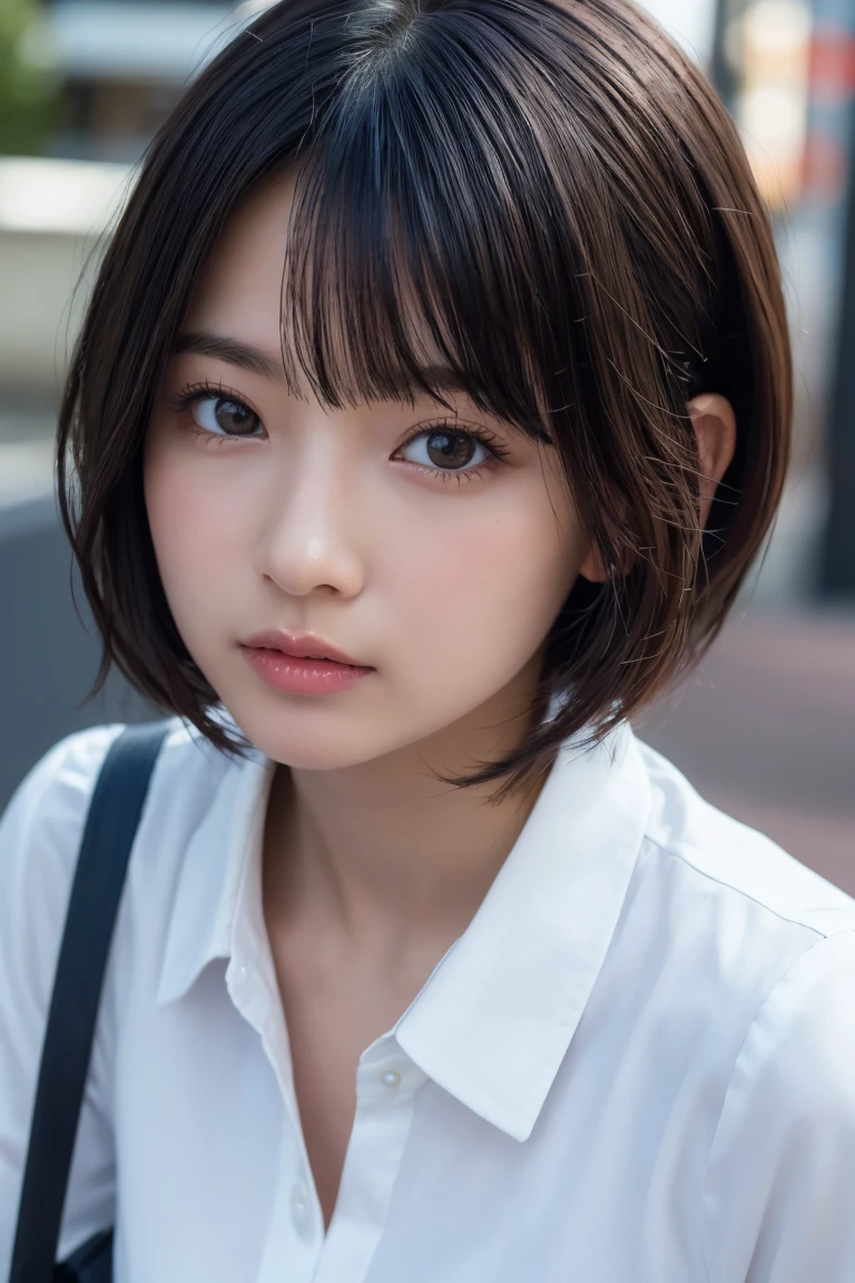 ((Highest quality、8k、masterpiece:1.3))、Beautiful woman、One Girl、(Cute baby turtle)、Slim Abs:1.1、White Button Down Blouse、((short hair))、Detailed facial features、Highly detailed lips、Detailed eyes、double eyelid、(Neat bangs.1.3)、Dark brown hair、Large Eyes、Seductive lips、The corners of the mouth turn up、black eye、street、cute asian face, Beautiful Japanese girl face, Short fine hair,With bangs,, Shirahime cut hairstyle、Narrow eyes、(A grown-up 30-year-old)、