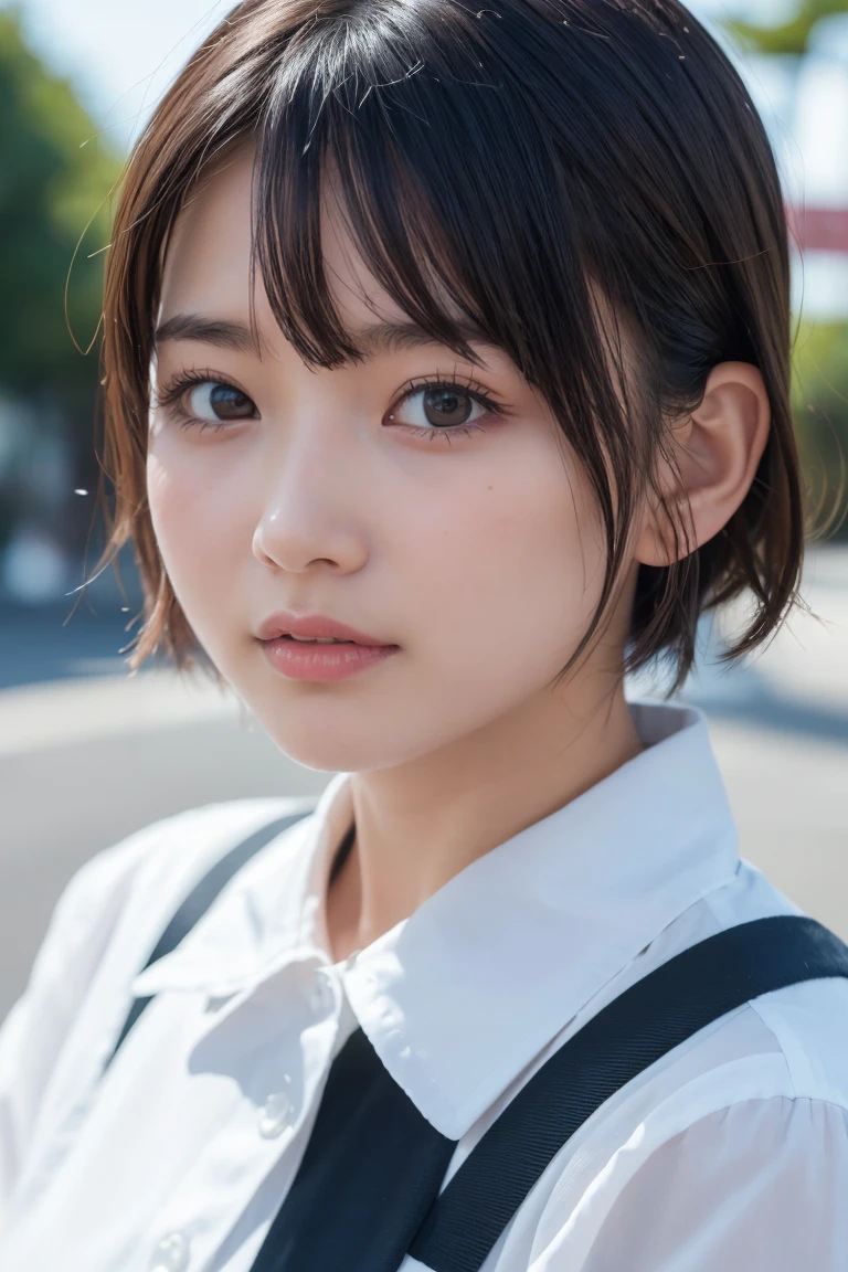 ((Highest quality、8k、masterpiece:1.3))、Beautiful woman、One Girl、(Cute turtle)、Slim Abs:1.1、White Button Down Blouse、((short hair))、Detailed facial features、Highly detailed lips、Detailed eyes、double eyelid、(Neat bangs.1.3)、Dark brown hair、Large Eyes、Seductive lips、The corners of the mouth turn up、black eye、street、cute asian face, Beautiful Japanese girl face, Short fine hair,With bangs,, Shirahime cut hairstyle、Narrow eyes、(A grown-up 30-year-old)、