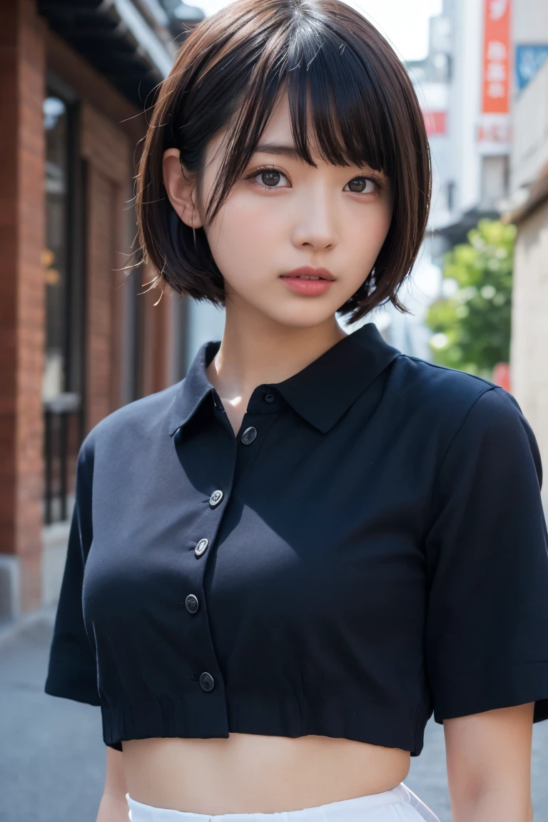 ((Highest quality、8k、masterpiece:1.3))、Beautiful woman、One Girl、(Cute  turtle)、Slim Abs:1.1、White Button Down Blouse、((short hair))、Detailed facial features、Highly detailed lips、Detailed eyes、double eyelid、(Neat bangs.1.3)、Dark brown hair、Large Eyes、Seductive lips、The corners of the mouth turn up、black eye、street、cute asian face, Beautiful Japanese girl face, Short fine hair，With bangs,, Shirahime cut hairstyle、Narrow eyes、(A grown-up 30-year-old)、