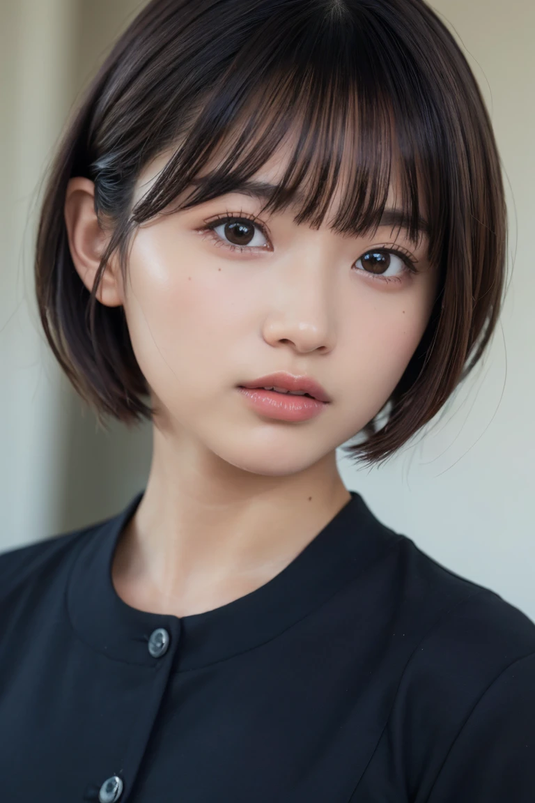 ((Highest quality、8k、masterpiece:1.3))、Beautiful woman、One Girl、(Cute baby turtle)、Slim Abs:1.1、White Button Down Blouse、((short hair))、Detailed facial features、Highly detailed lips、Detailed eyes、double eyelid、(Neat bangs.1.3)、Dark brown hair、Large Eyes、Seductive lips、The corners of the mouth turn up、black eye、street、cute asian face, Beautiful Japanese girl face, Short fine hair，With bangs,, Shirahime cut hairstyle、Narrow eyes、(A grown-up 30-year-old)、