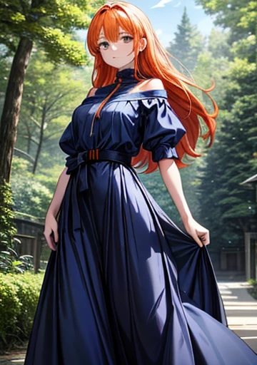 A girl, with a slightly smiling expression and his gaze directed forward. Her long orange hair falls softly over her shoulders.. She wears a blue dress with a wide black belt at her waist., that accentuates her slender figure. His right hand is slightly raised, With a relaxed attitude. With a mystical forest background