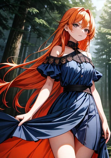 A girl, with a slightly smiling expression and his gaze directed forward. Her long orange hair falls softly over her shoulders.. She wears a blue dress with a wide black belt at her waist., that accentuates her slender figure. His right hand is slightly raised, With a relaxed attitude. With a mystical forest background