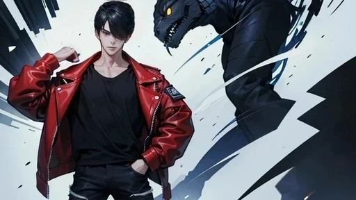 My hair reaches down to my neck、Man with his left eye covered The face is well-formed.、few々Small face He is wearing a black shirt and a red biker jacket. He is wearing black jeans and shoes with blue and white stripes. His left hand was in his jeans pocket.、The right hand is stretched out in front of him, pointing.