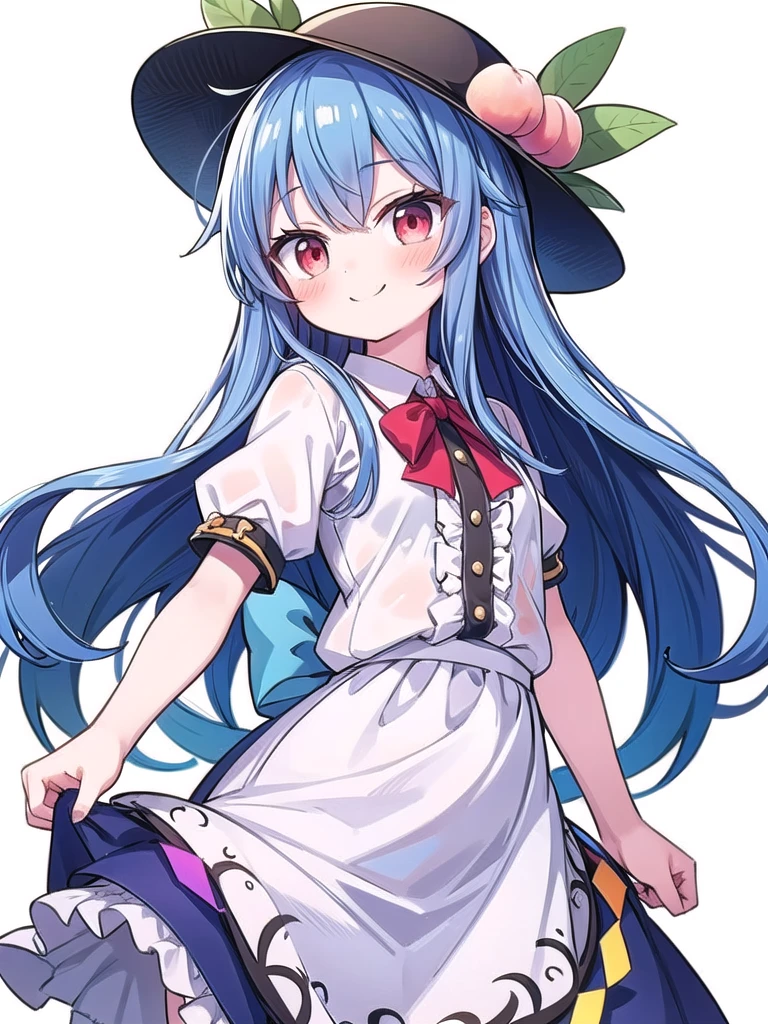 1girl, masterpiece, best quality, perfect hands, hinanawi tenshi, hat, black hat, puffy short sleeves, smile, very long hair, blush, peach, blue hair, long hair, red eyes, bow, short sleeves, shirt, skirt, frills, frilled dress, red ribbon