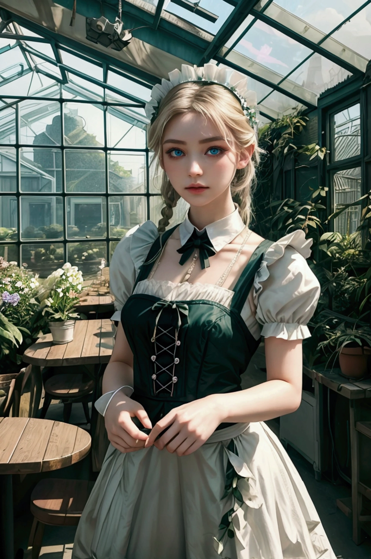 ((Flower Type)), (ad), (1 girl), (((alone))), (actual:1.5), light particles, light, victorian, (Best illustration), photoactual, Octane Rendering, 8k, neon lights, flying car, Detailed face, delicate eyes, ((maid)), maid headband, long braids, Very long hair, blond, blue eyes, (sharp eyeliner, Eyeshadow, delicate eyes:1.1), (ulzzang-6500), Model pose, (Permanent), (outdoor), noon time, Public area, Indoors, (Green house on background), Breaking down the G36