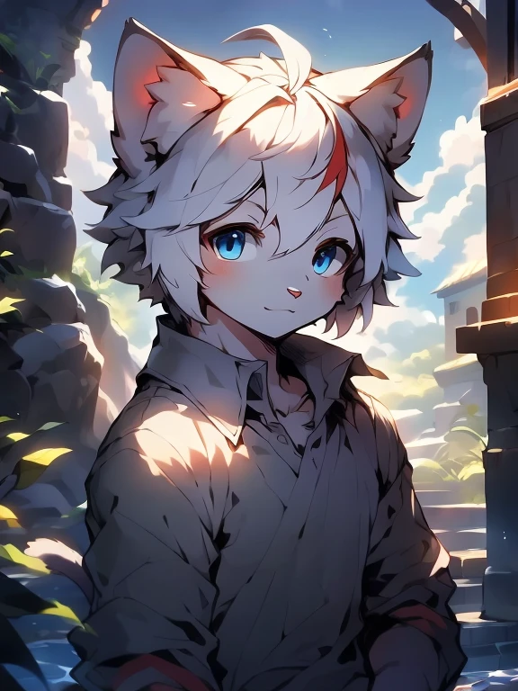 masterpiece, Cat, 毛茸茸的白Cat,White hair，Red highlights, blue eyes, Gray medium-length hair, Medium muscle, Cool pose, charming, Handsome, OK, casual shirt,  Warm, comfortable. Nice scenery，Wear a shirt，Bright Eyes， male，Short braids