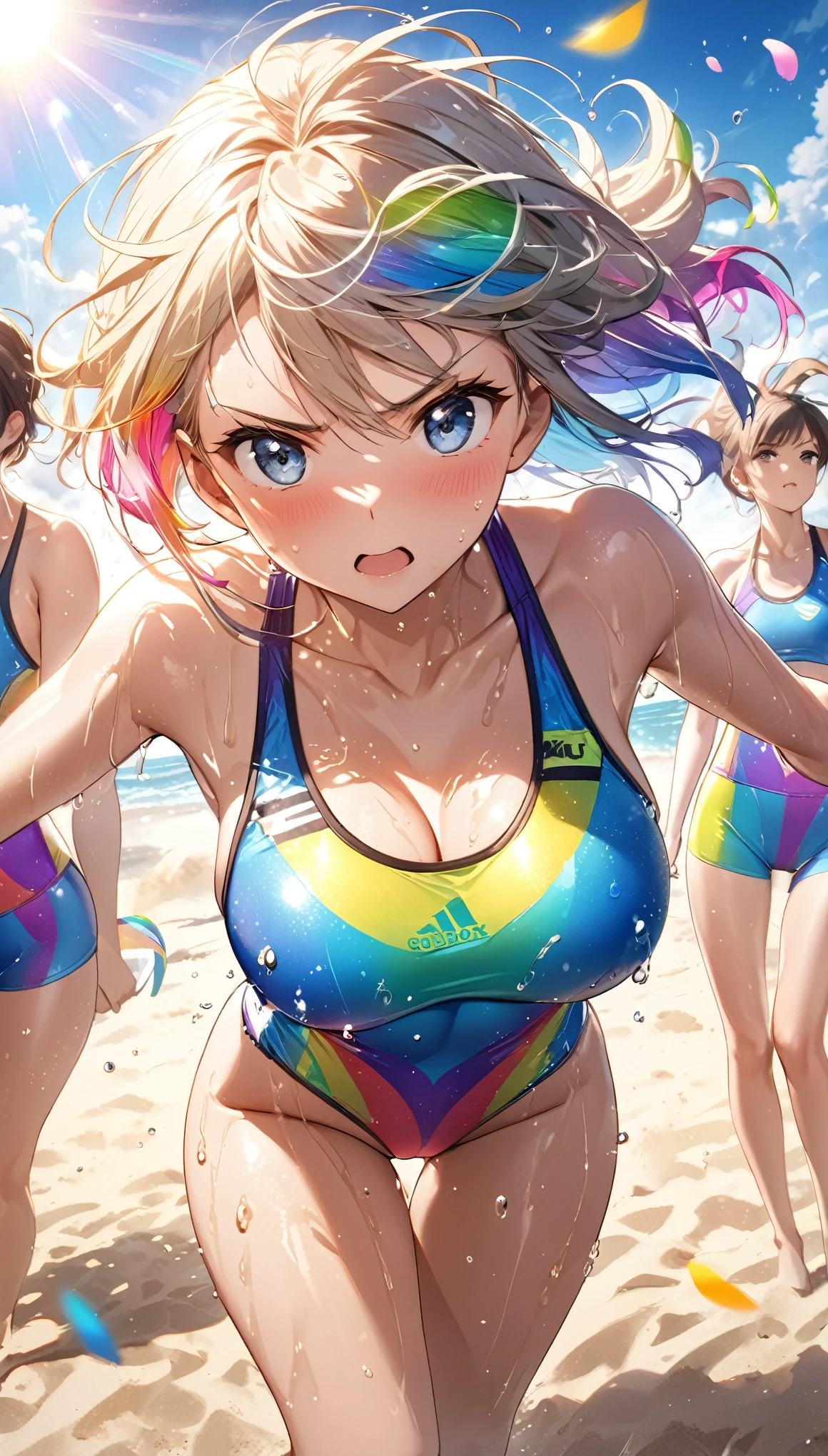 NSFW, (4+girls:1.5), (alternate athlete swimsuit pool), tanned skin, dark tanned skin, oil, abs:1.4, line up, girls playing beach volley, beach volley ball, net, masterpiece, top quality, ultra high definition, highest resolution, very detailed, professional lighting, clean skin, CG illustration, slender, very cute, young face, cleavage, lower breast, wet body, (breasts out:1.4), different hair colors, short hair, pixie haircut, semi-long hair, hair ribbon, blush, navel, from below, wet body, (breasts out: 1.4), (plastic bag 1.2), transparent swimsuit, beach, (wind: 1.3), girls playing behind, showing ass