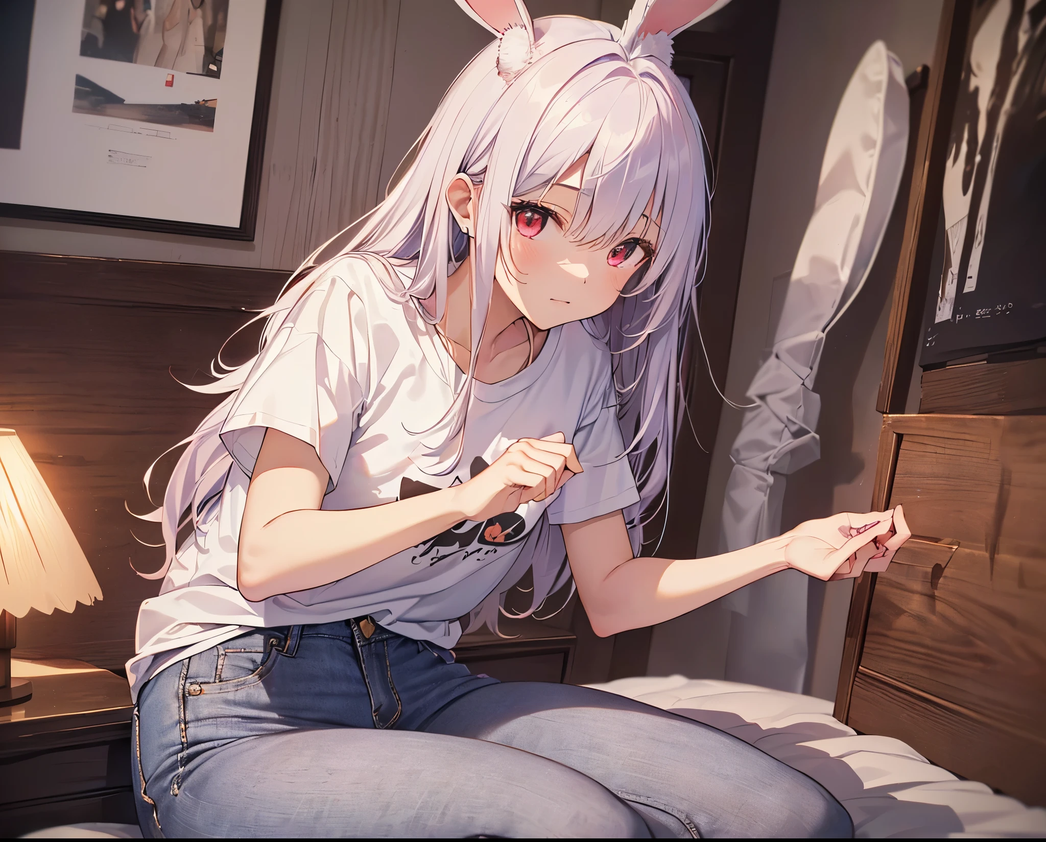 (Close-up:1.3),Realistic,Highest quality, Super detailed, High-quality CG rendering, The most delicate and beautiful, Floating softly, High resolution, (1 girl), (Highest quality,4K,8k,masterpiece:1.2), Light purple hair,(Long Hair:1.5),(Rabbit ears:1.5),Red eyes,(Pure white oversized short sleeve T-shirt:1.3),(Black skinny jeans:1.3),(Small room),bed,(bedに倒れている:1.4),(bedにうつ伏せ:1.5),(Turn your back to your audience:1.3),Butt,Pure white socks