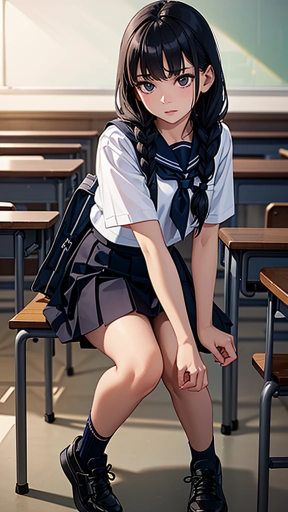 Beautiful attention to detail, Beautiful lip detail, Very detailed目と顔, Long eyelashes, 1 girl, Face close-up, inside the School, In the classroom, 18-year-old, Sweat, Dark skin, (Black hair braided on one side),dissatisfaction, Sulky, Sailor suit, Dark Blue, White shirt, Short sleeve, School, Dark Blue Skirt, Black Skirt, Knee-high socks, sneakers, School bag, Highest quality, 4K, 8k, High resolution, masterpiece:1.2, Very detailed, Realistic, photoRealistic, photo-Realistic:1.37, High resolution, 超High resolution, Studio Lighting, Ultra-fine painting, Sharp focus, Physically Based Rendering, Very detailed説明, Professional, Vibrant colors, Bokeh, Portraiture