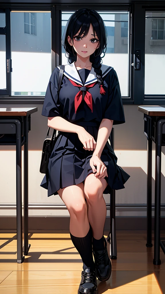 Beautiful attention to detail, Beautiful lip detail, Very detailed目と顔, Long eyelashes, 1 girl, Face close-up, inside the School, In the classroom, 18-year-old, Sweat, Dark skin, (Black hair braided on one side),dissatisfaction, Sulky, Sailor suit, Dark Blue, White shirt, Short sleeve, School, Dark Blue Skirt, Black Skirt, Knee-high socks, sneakers, School bag, Highest quality, 4K, 8k, High resolution, masterpiece:1.2, Very detailed, Realistic, photoRealistic, photo-Realistic:1.37, High resolution, 超High resolution, Studio Lighting, Ultra-fine painting, Sharp focus, Physically Based Rendering, Very detailed説明, Professional, Vibrant colors, Bokeh, Portraiture