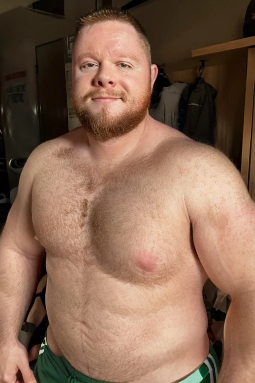 Handsome ginger 40 years old chubby man, green eyes, short hair, facial hair, Wellington glasses, vey hairy body, nice smile, shy look, shirtless, skinny shorts, gym locker room, high quality, high definition, natural light,