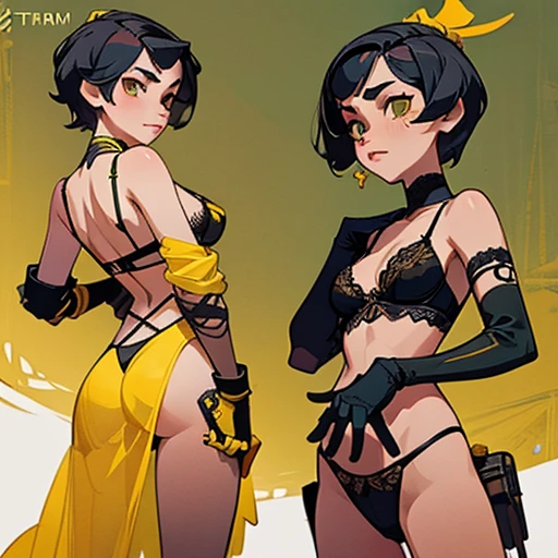 Erotic yellow and black Lingerie ((Thong, bra Gloves and accessories))design inspired by terra ( titams) With short hair , in various views (front and back) ((Character sheet))