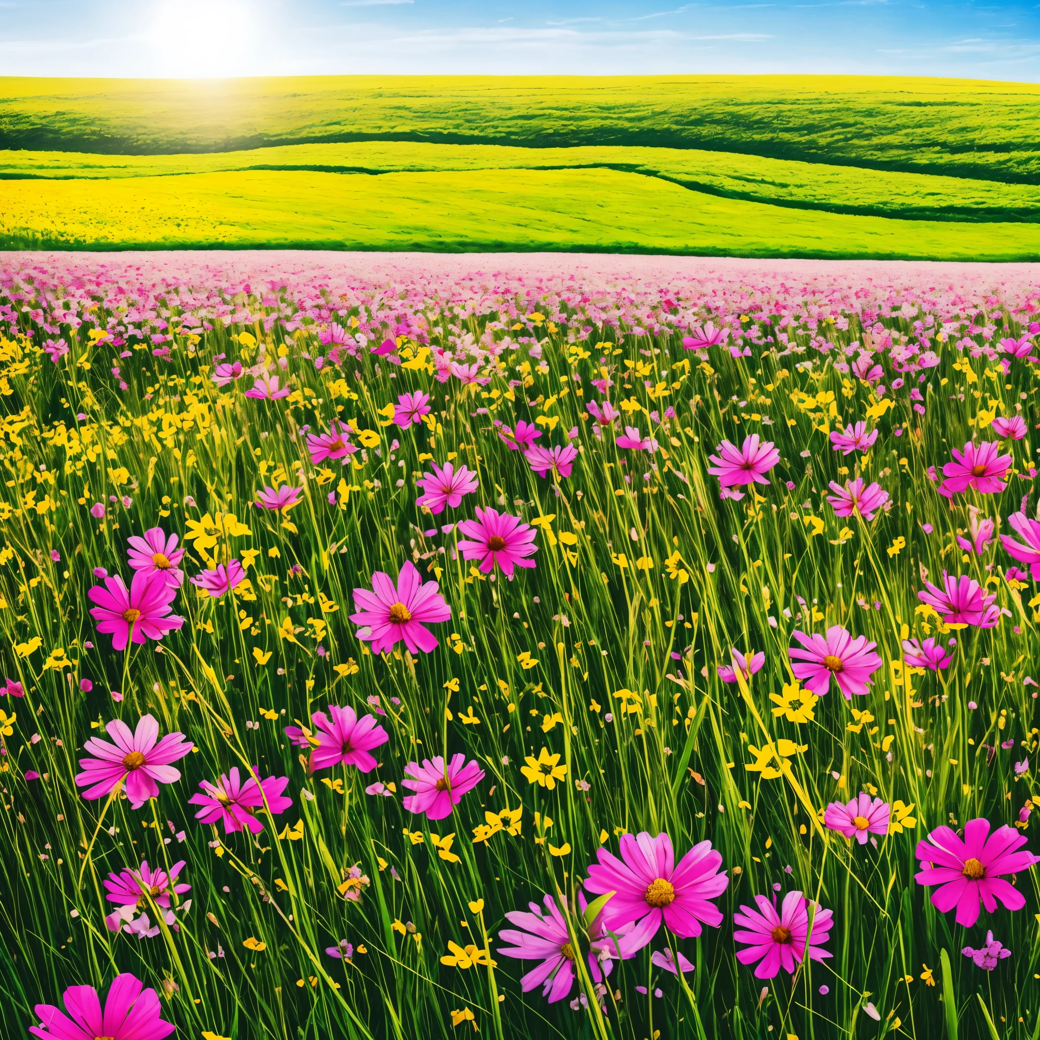 a field of flowers with the sun shining in the background, bright sunny summer day, 🌺 cgsociety, sunny meadow, bright and sunny day, sunny day time, bright summer day, in a sunny day, bright sunny time, beautiful sunny day, on a sunny day, bright sunny day, by Igor Zenin, sunny morning light, beautiful flowers, meadow flowers
