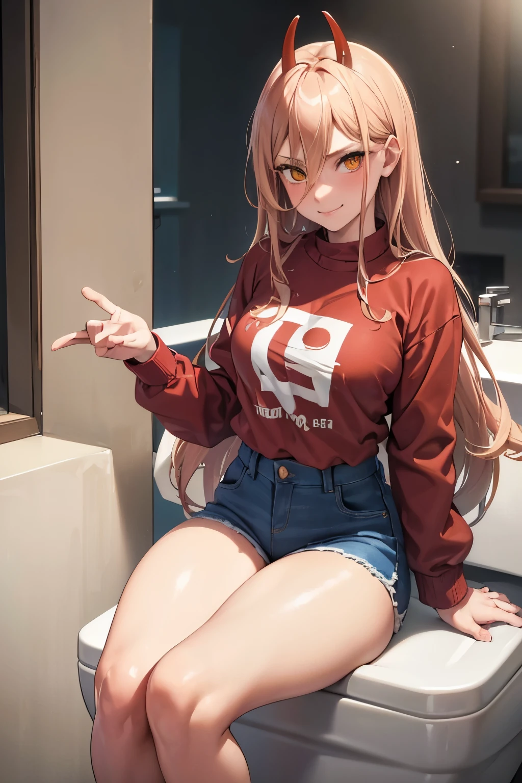 Power, confident sitting on toilet in bathroom, contrapposto angle, red sweatshirt "76.1", tight blue denim shorts, long blond hair, red horns, slight smile, dominant posture, perfect proportions, beautiful yellow eyes with cross-shaped pupils, 4K masterpiece quality.