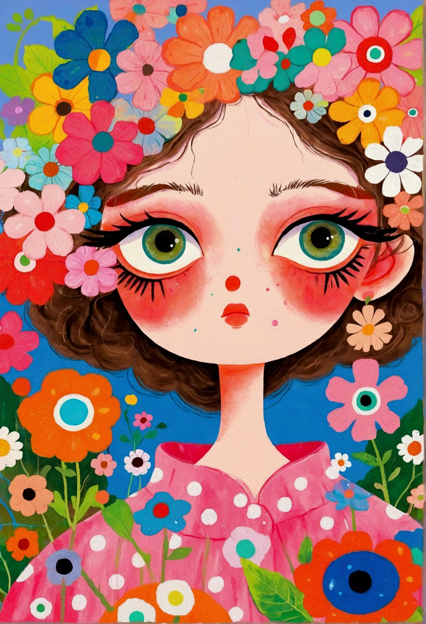 There is a person in the painting wearing a flowery dress、A woman with flowers in her eyes, big Pink Eyes, Inspired by Takashi Murakami, Inspired by Takashi Murakami, Inspired by Haruki Murakami, Inspired by Victor Brauner, Whimsical and psychedelic, Color illustrations, Psychedelic illustration, Watercolor illustration, Portrait of a mysterious giant eye, Colored eyes, big eyes, Pink Eyes