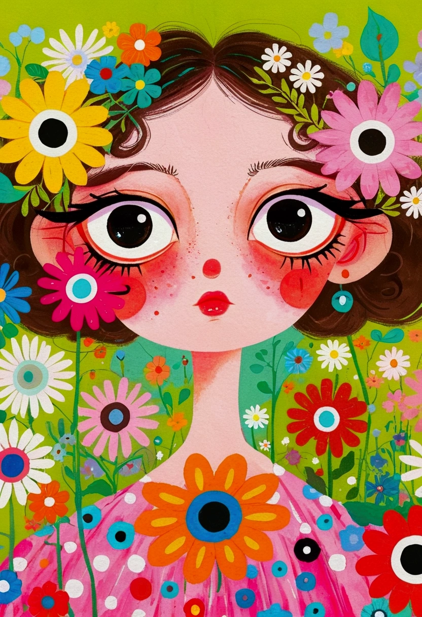There is a person in the painting wearing a flowery dress、A woman with flowers in her eyes, big Pink Eyes, Inspired by Takashi Murakami, Inspired by Takashi Murakami, Inspired by Haruki Murakami, Inspired by Victor Brauner, Whimsical and psychedelic, Color illustrations, Psychedelic illustration, Watercolor illustration, Portrait of a mysterious giant eye, Colored eyes, big eyes, Pink Eyes