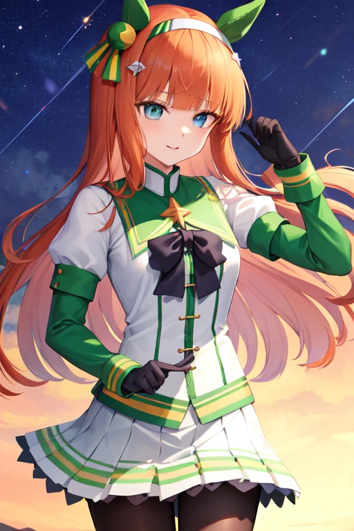 aasuzuka, long hair, animal ears, ear covers, white hairband, horse tail, green sailor collar, black bow, white shirt, layered sleeves, green sleeves, black gloves, white skirt, black pantyhose,