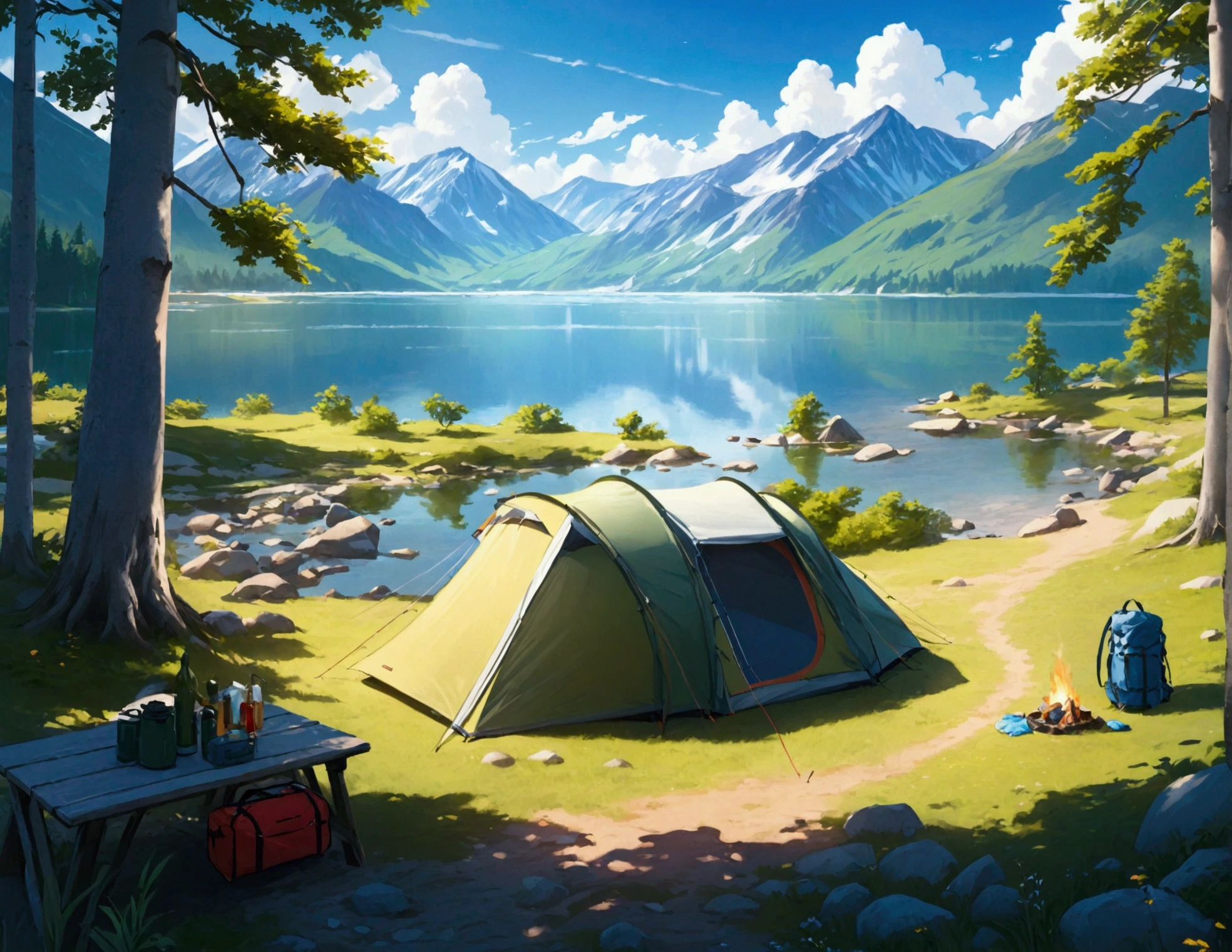 lake,camp site,The view is great.,tent,Camping Goods,Highest quality, 8k, High resolution, masterpiece:1.2, Very detailed, Realistic:1.37, High resolution, 超High resolution, Very detailed, Professional, Vibrant colors
