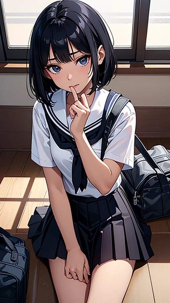 Beautiful attention to detail, Beautiful lip detail, Very detailed目と顔, Long eyelashes, 1 girl, Face close-up, inside the School, In the classroom, 18-year-old, Sweat, Dark skin, (Black Hair Curly Bob),dissatisfaction, Sulky, Sailor suit, Dark Blue, White shirt, Short sleeve, School, Dark Blue Skirt, Black Skirt, Knee-high socks, sneakers, School bag, Highest quality, 4K, 8k, High resolution, masterpiece:1.2, Very detailed, Realistic, photoRealistic, photo-Realistic:1.37, High resolution, 超High resolution, Studio Lighting, Ultra-fine painting, Sharp focus, Physically Based Rendering, Very detailed説明, Professional, Vibrant colors, Bokeh, Portraiture