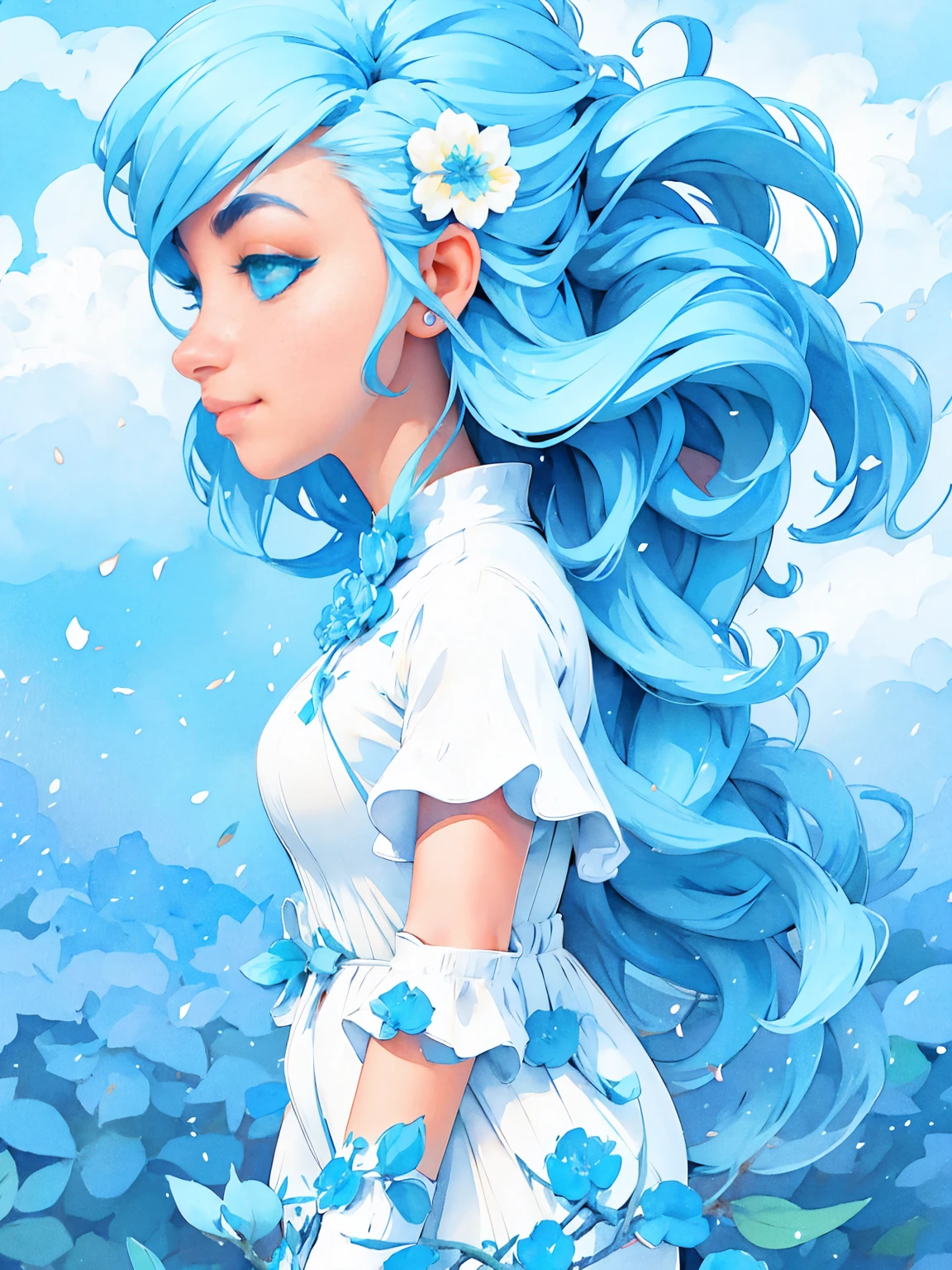 (absurdres, highres, ultra detailed, UHD, cinematic), solo, 1girl, mature, happy, girl standing in light blue flower field, light blue flower petal surrounding girl, full body, blue long hair girl, light blue hair, fantasy, dreamy, snowy, official art, pop art, profile, ultra detailed face, ultra detailed eyes, light blue flower field, ultra detailed field, white blue sky, cold, light blue, white,  nebula in the sky, blue tree, watercolor, pastel color